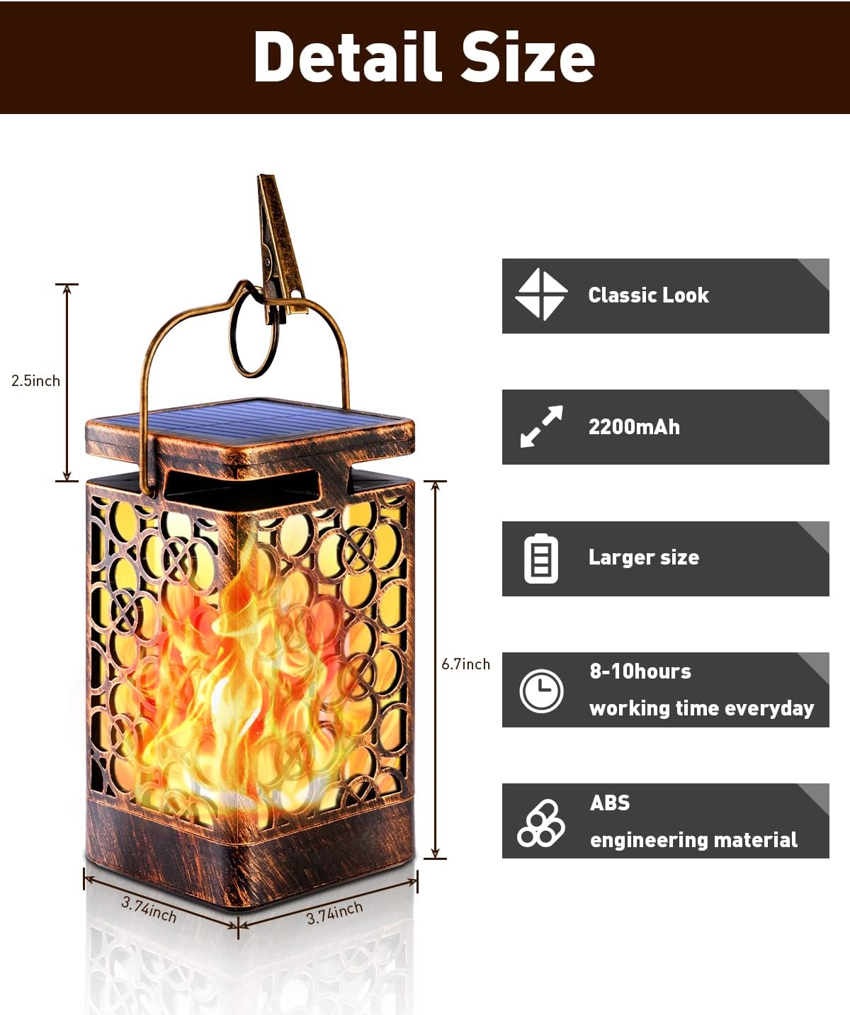 Okeer Solar Flickering Flame Lantern,Upgraded Large Solar Lanterns Outdoor Waterproof,Hanging Solar Powered Lanterns Outside,Led Solar Fire Lights for Patio Yard and Garden 2 Pack (Bronze)