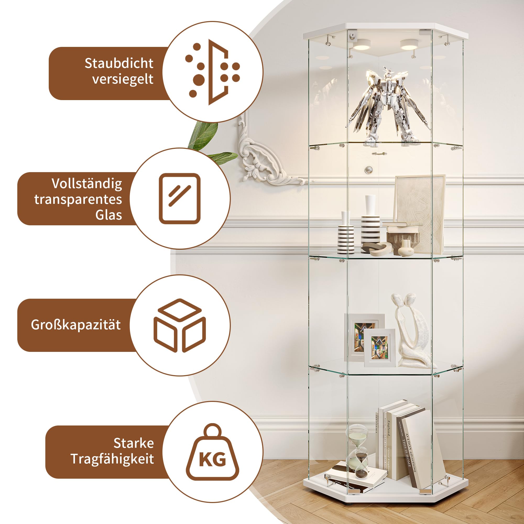 Vitrina de Esquina con Cristal, Vitrina de Cristal con LED, 1 Puertas, Vitrinas Blancas Cristal4 Capas Estanteria deCristal con Cerradura Columna Expositora VidrioVitrina Expositora Para Salon