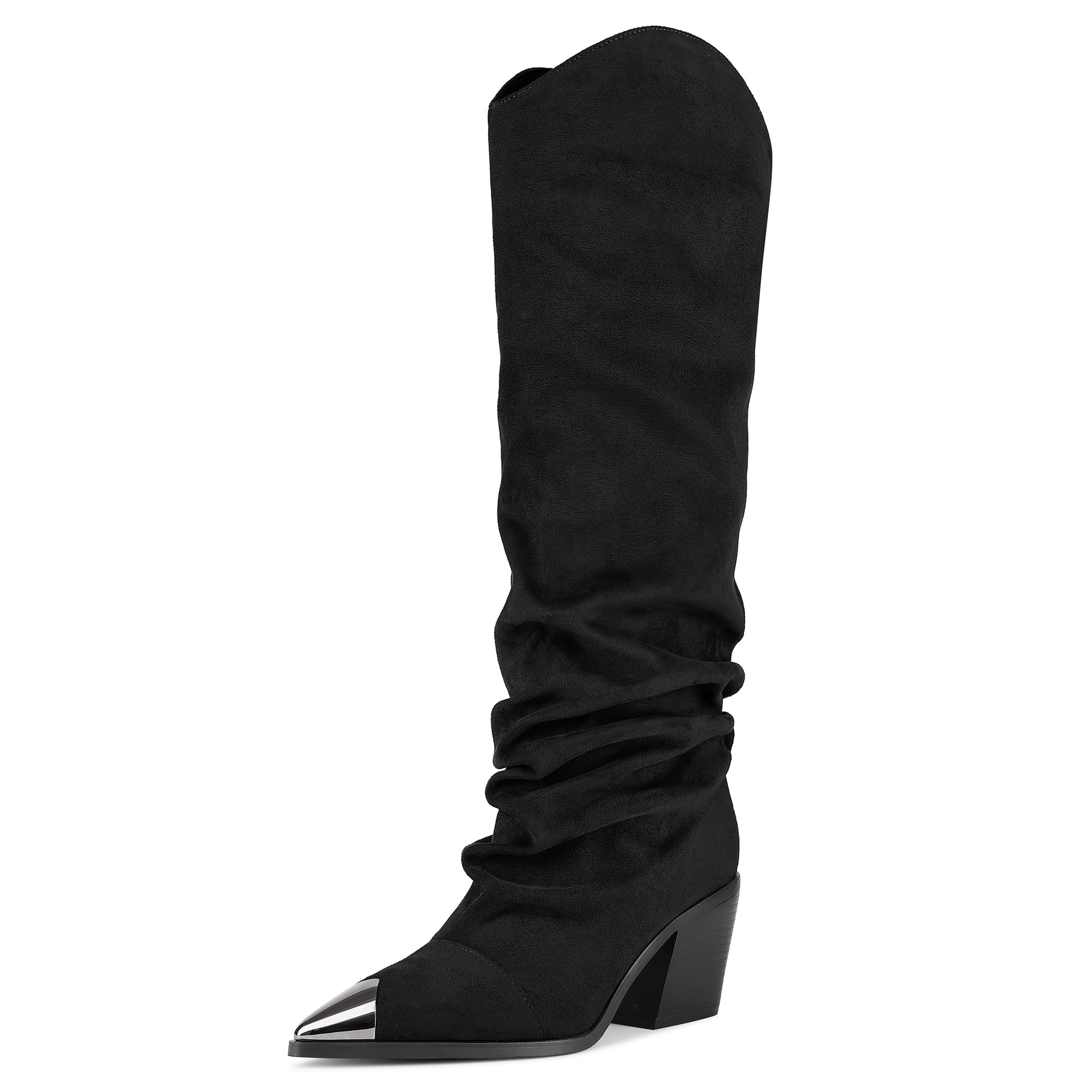 Womens Knee High Boots Metal Pointed Toe Chunky Block Heel Suede Cowboy Boots Slouchy Tall Boots For Women