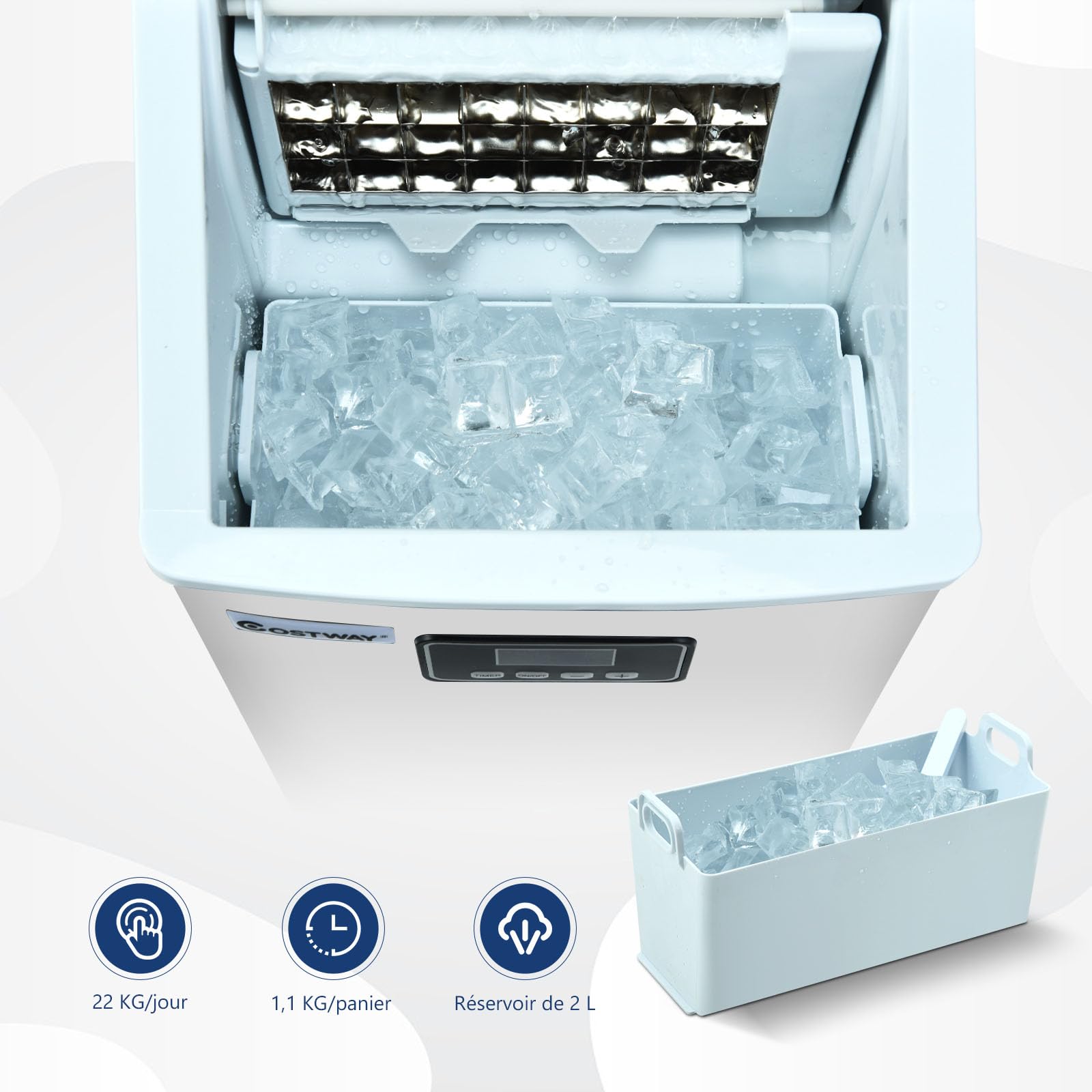 COSTWAY Machine à Glaçons Automatique 18kg/24h, Acier Inoxydable, Cuillère à Glace, Panier, Fonction d'Auto-nettoyage, Ecran LCD, Fonction Minuterie, pour Cuisine, Bar, Café