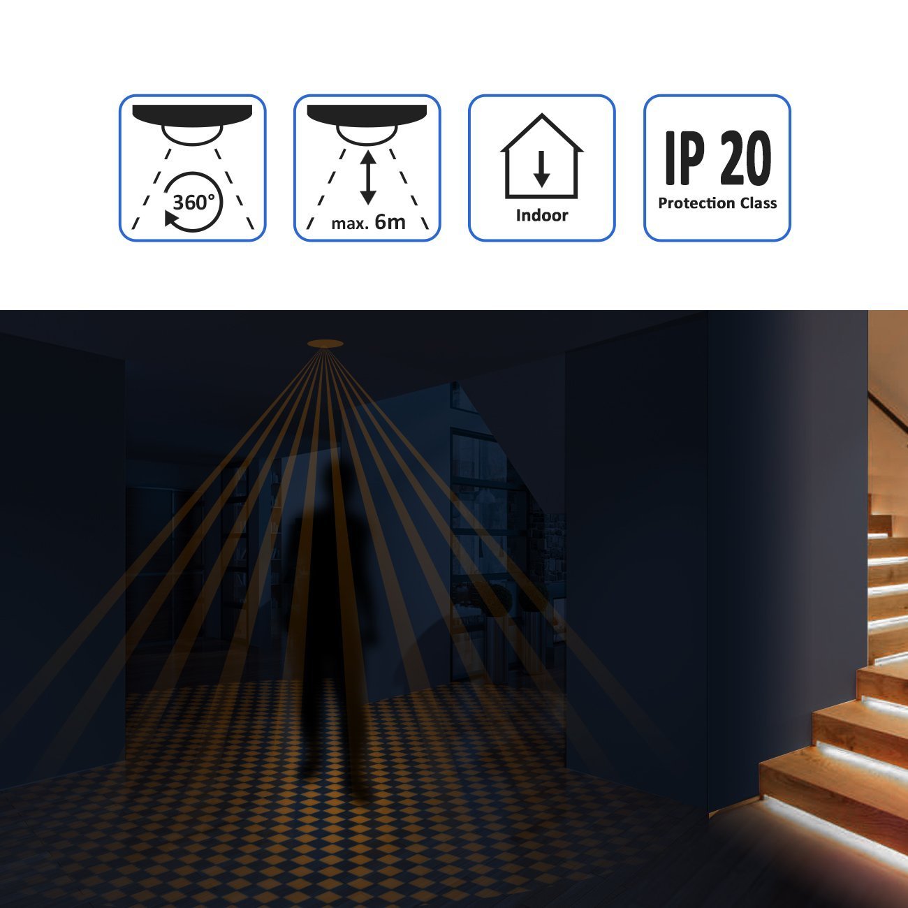deleyCON 2X Miniatura Infrarrojos Detector de Movimiento En el Interior Alcance 6m a 360° La Construcción más Pequeña Casi Invisible IP20 Montaje Empotrado Blanco