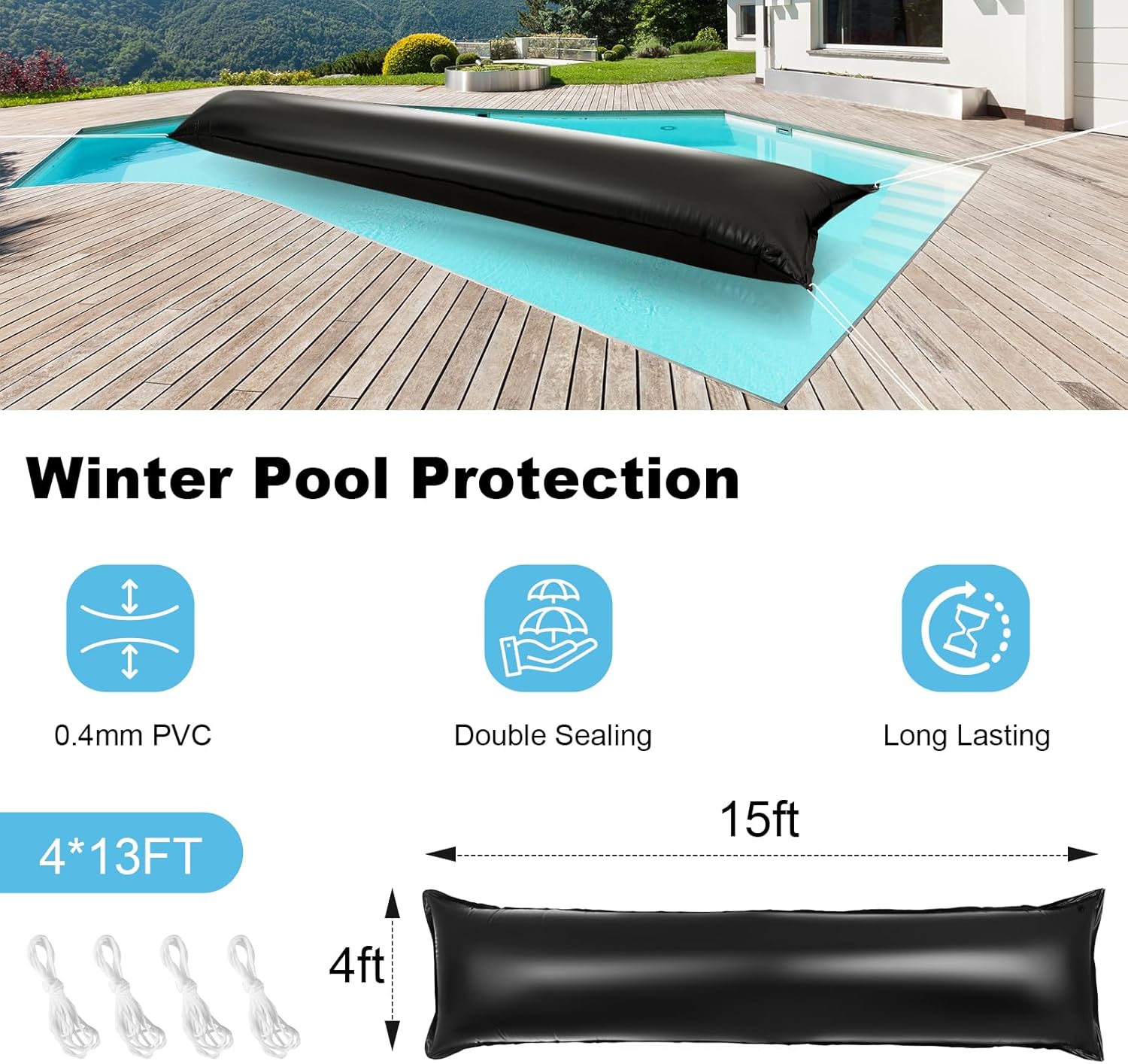2Pack 4x15 Ft Pool Pillow for Above Ground Swimming Pools，Winterizing Pool Air Pillow for Support Covers，0.4mm Thick Heavy-Duty Pool Cover Air Pillow with Cords