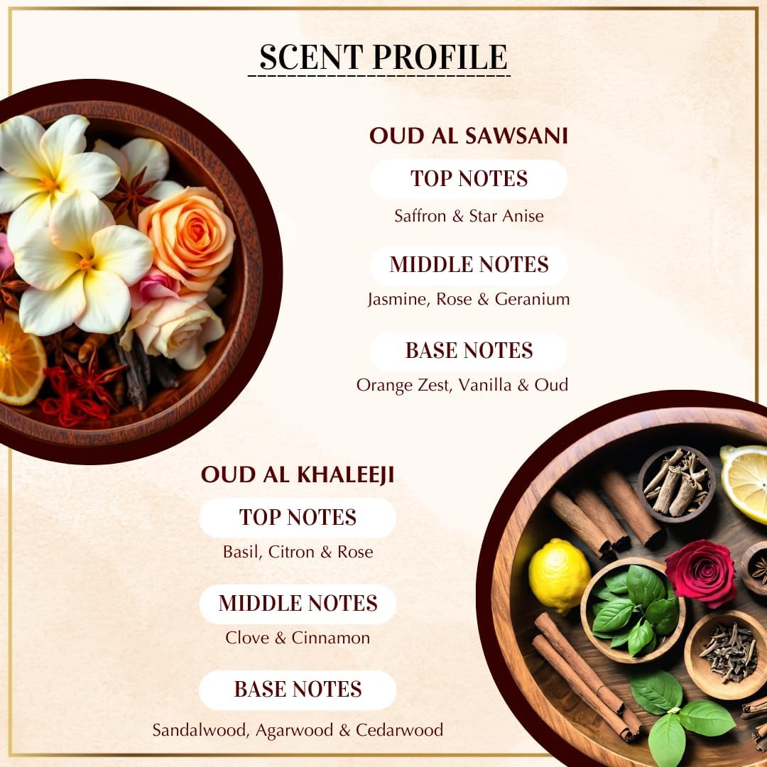 Dukhni Oud Al Sawsani Bakhoor & Burner, Oud Al Khaleeji Muattar | 3 Sets of 4 Pieces, 40g Jar | Arabian Oudh Bukhoor with Smokeless Candle Burner | Eid Gifts for Men & Women | Home Fragrance