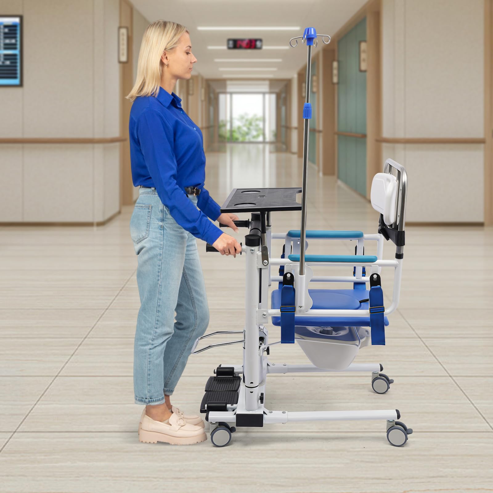 Sollevatore idraulico per pazienti con supporto per infusione, tavolo da pranzo e ruote, regolabile in altezza, sedia da doccia per anziani