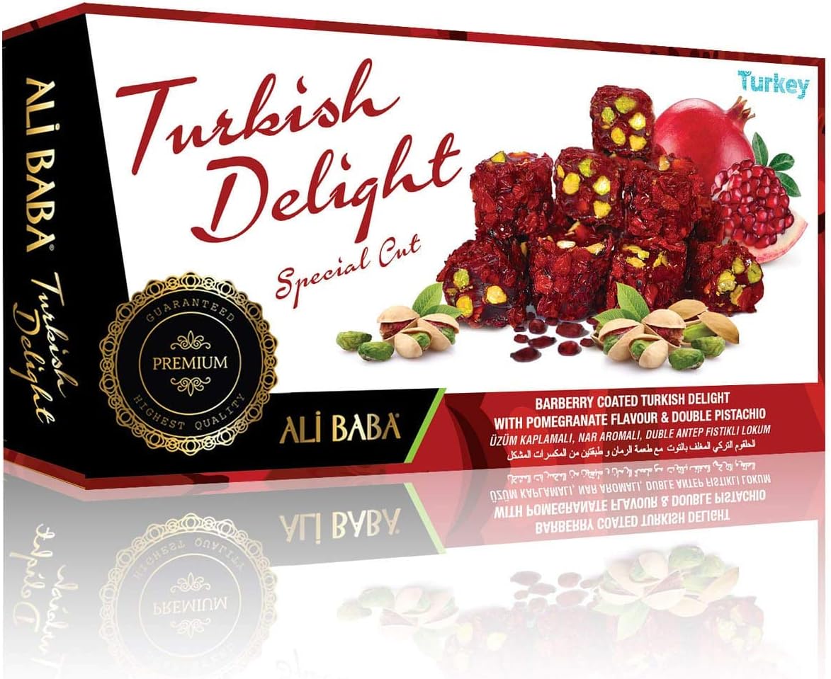 Turkish Delight with Real Rose Petal with Pomegranate Double Pistachios Gourmet Sweet Confectionery Box Candy Dessert New Finger Cut 1 LB ALI BABA