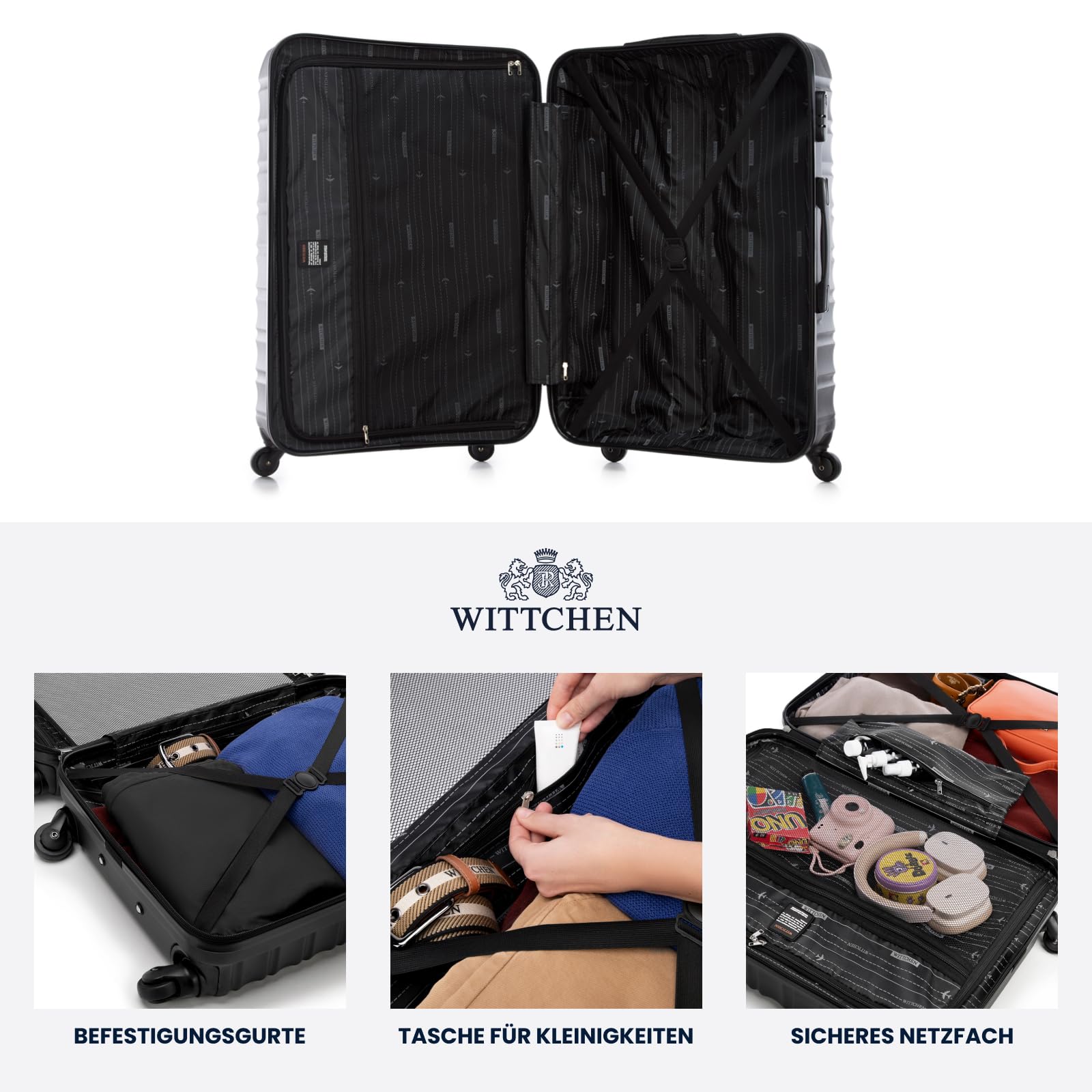 WITTCHEN Reisekoffer Hartschale ABS Große L Check-In Gepäck 4 Spinner-Rollen Zahlenschloss Groove Line Schwarz