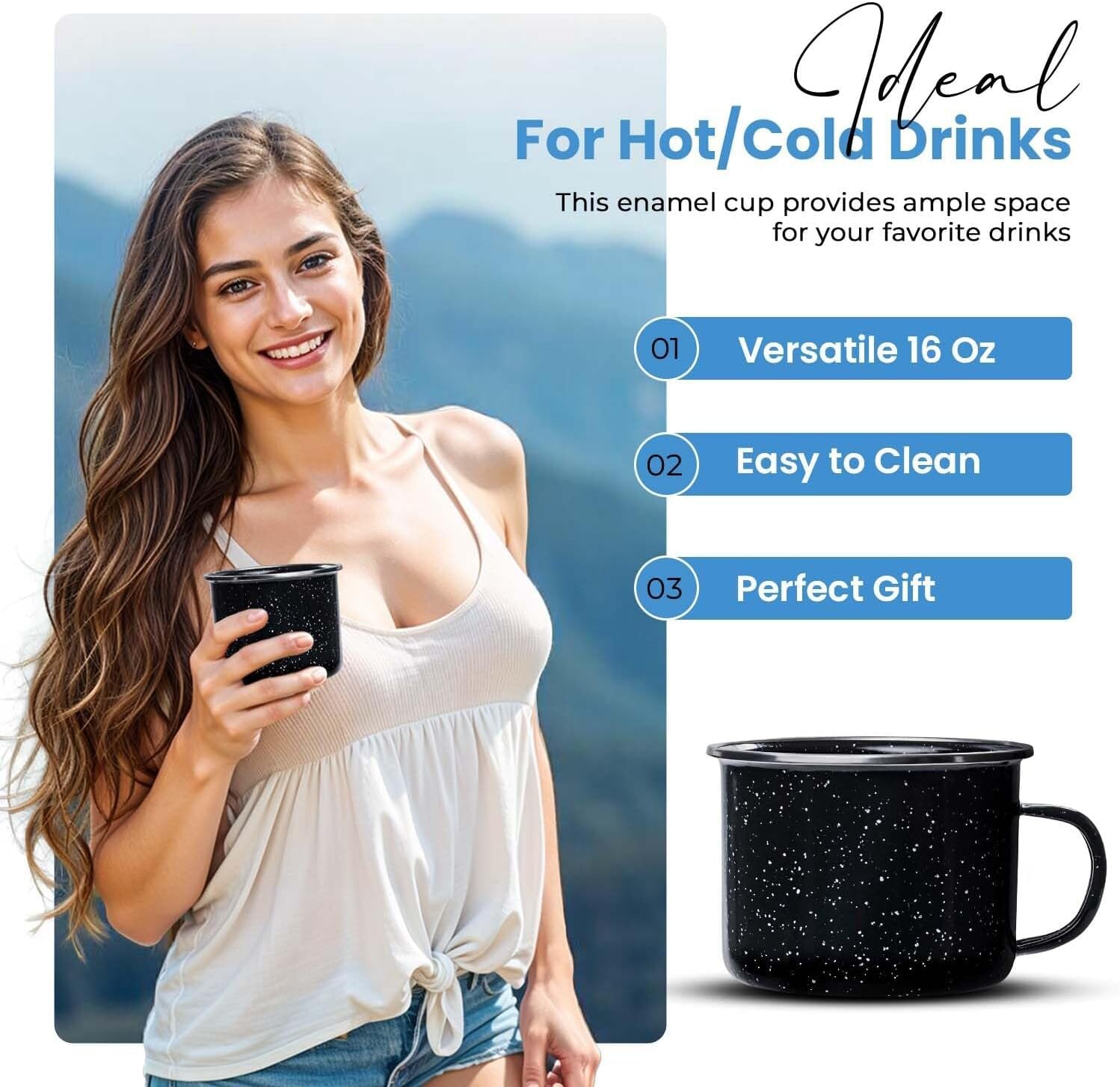 Toughty Enamel Camping Mug – Retro Vintage Campfire Tin Cup, Rustic Backpacking Mug for Hiking, Coffee, Farmhouse, Diner, Hot Drinks, Tinware, and Backpacking Gear – Set of 2 – Black – 16 Oz