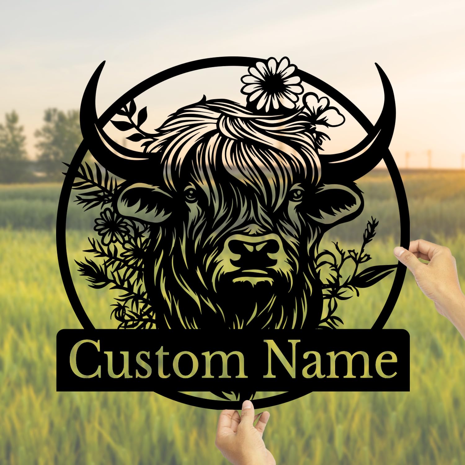 Custom Highland Cow Metal Sign, Personalized Farm Name Sign for Highland Farmhouse Wall Art, Farmhouse Decor, Ranch Decor (Style-2)