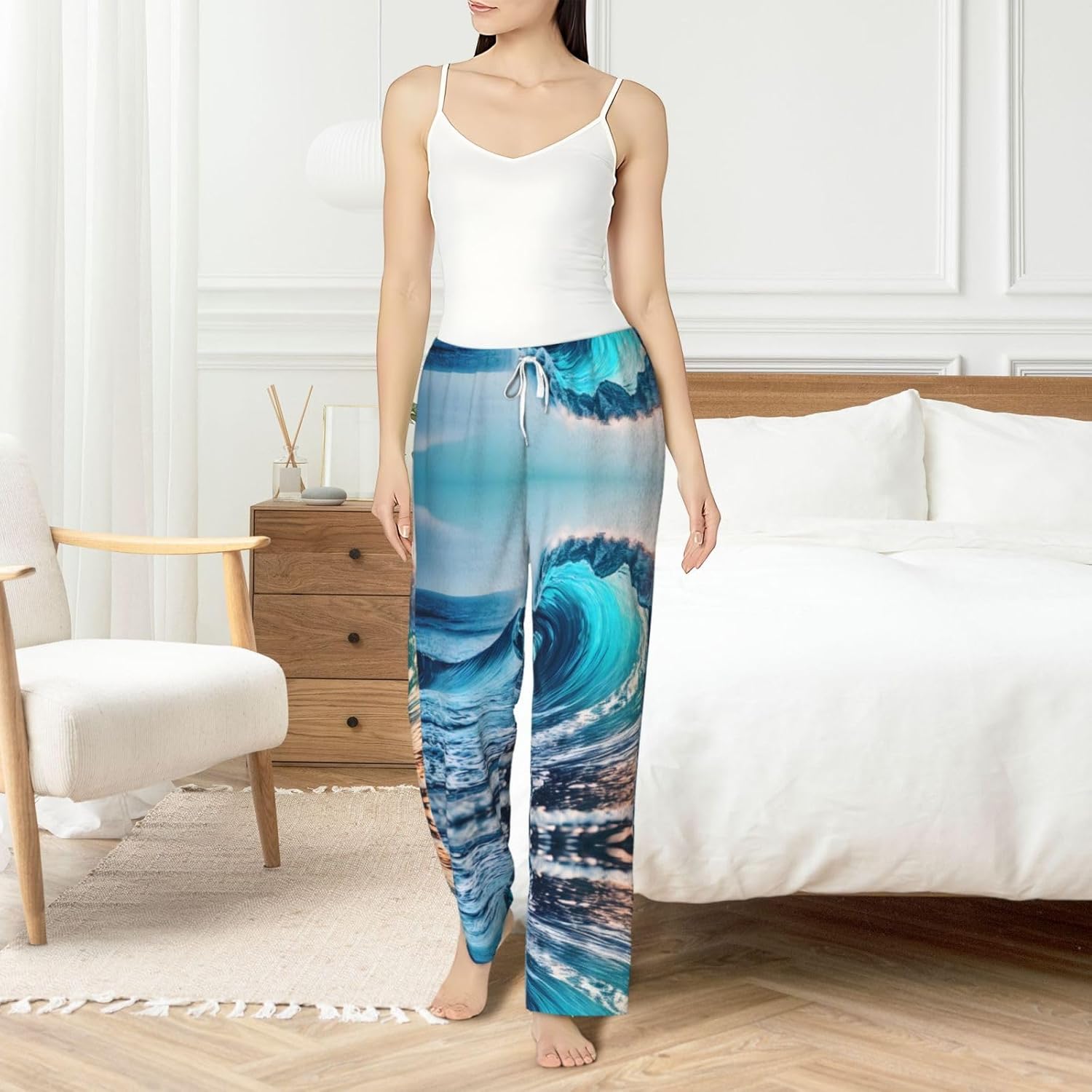 Ocean Sea Wave Print Cozy Christmas Pajama Pants,Flannel Pajama Bottoms,Cater To Various Body Types