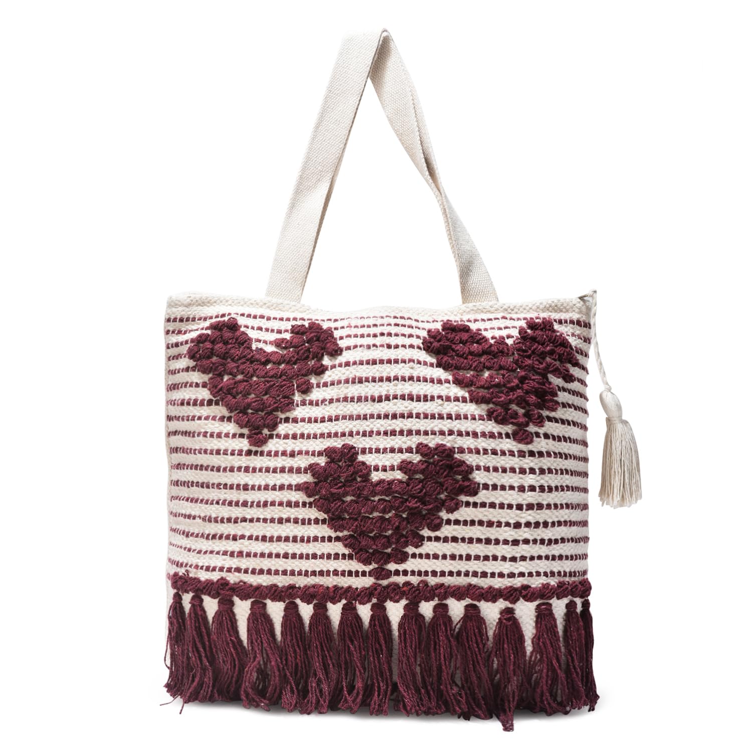 LoomEarth Handcrafted Boho Cotton Tote Bag with Textured Loop Pattern and Tassel | Eco-Friendly Shoulder Bag for Women | Spacious Travel, Beach & Shopping Tote Bags-image-6