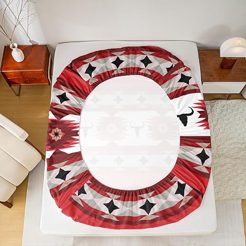 Miniatura 4 de Juego de sábanas aztecas, tamaño King, de vaca de las tierras altas, vaquera, vaquera, toro, ganado, suroeste, nativo, geometría, tribu, animales de