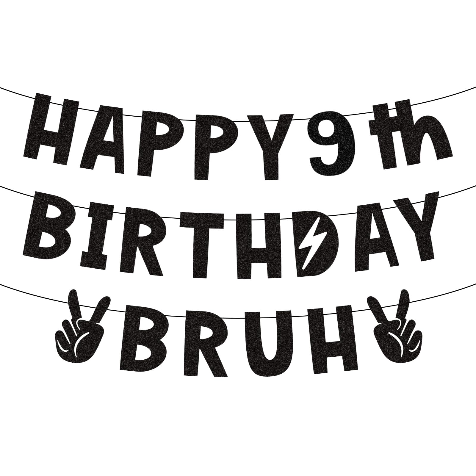 Happy 9th Birthday Bruh Banner, Pre-Strung Cool Bruh Birthday Decorations Glitter Design Party Decor for Preteens Boy Party Supplies