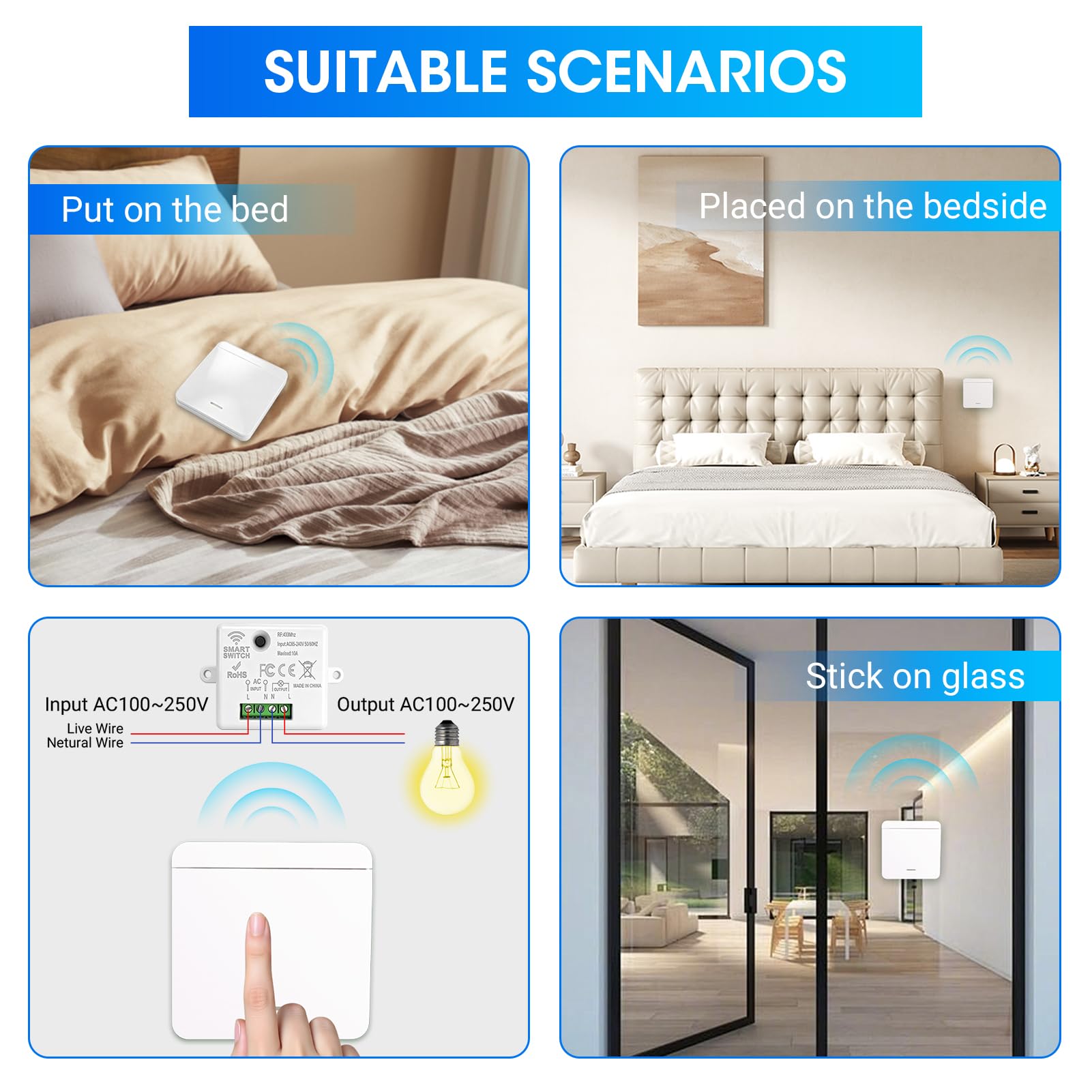 Interruptor de luz Inalámbrico Kit Interruptor Luces Inalambrico 230V Interruptor de Seguridad con 2 Transmisor RF y Controlador Receptor 10A Alcance 50m No Requiere Cableado para Lámpara Hasta 2300W