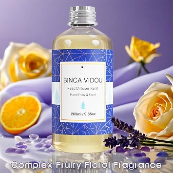 Reed Diffuser Oil Refill, Binca Vidou Mixed Fruity and Floral Bergamot Vanilla Lavender and Jasmine Scented Oil Include 12 Sticks for Bathroom Bedroom Office 9.85oz/280ml