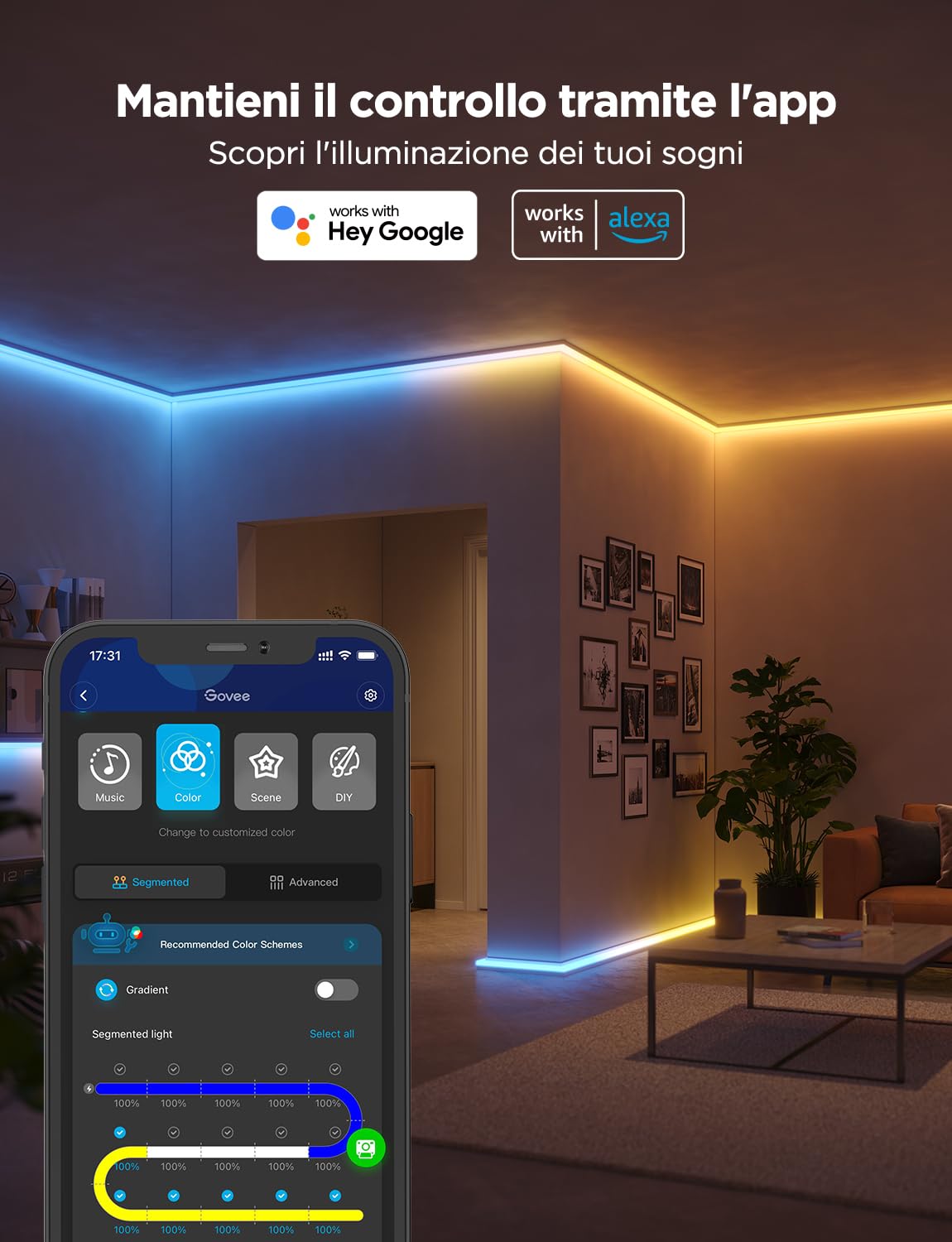 Govee RGBIC Striscia LED con Copertura, 5M LED Profilo con Luci Intelligenti Funzionano con Alexa e Google Assistant, Tagliabile e Collegabile, per Camera da Letto, Battiscopa, Studio, Mobiletto