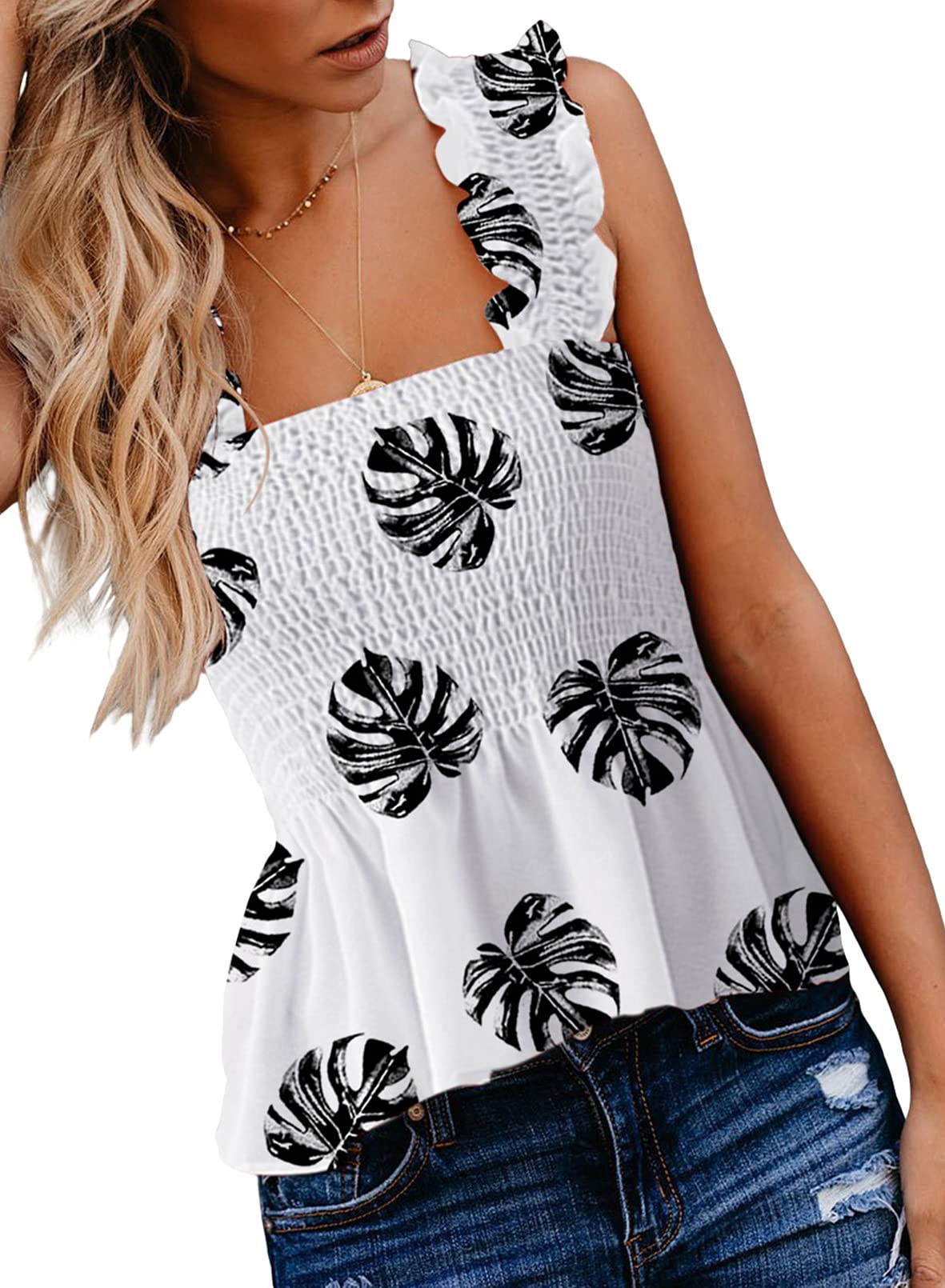 Women's Frill Smocked Crop Tank Top Tie Shoulder Strap Vest(S-XXL) - white - Small