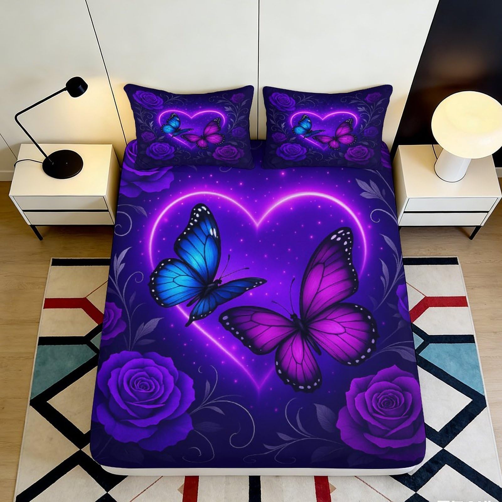 3D Printed Neon Butterfly Heart Fitted Sheet Microfiber Deep Pocket Bedding Neon Butterfly Mattress Fitted Cover Non-Slip Washable 140x200x25cm
