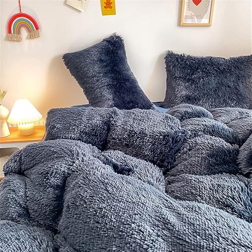 Miniatura 6 de chovy - Juego de edredón afelpado de pelo sintético azul marino, tamaño king, terciopelo, franela, mullido, ultrasuave, ropa de cama de 3 piezas (1