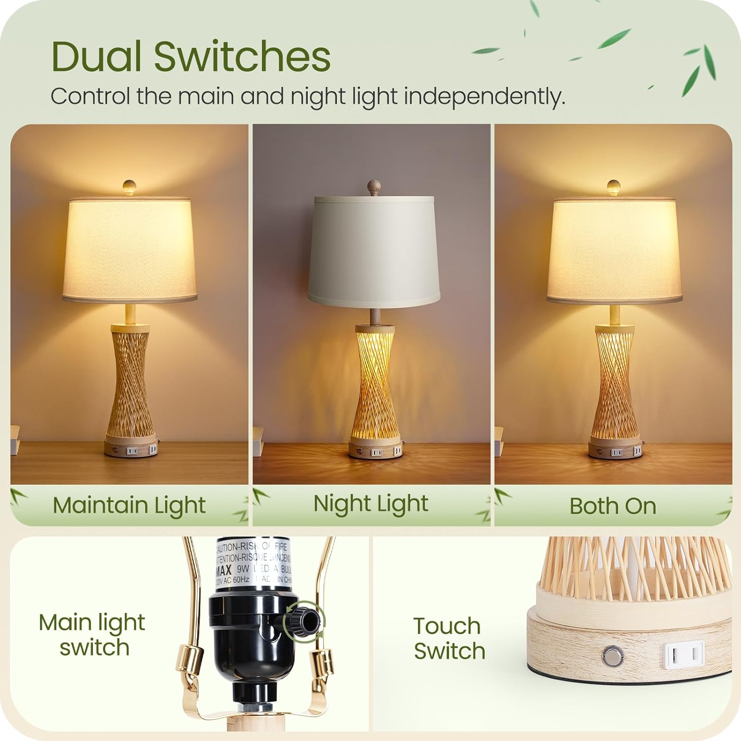 24.4”Farmhouse Rattan Table Lamps Set of 2, Touch Bedside Lamps for Bedroom with 3-Way Dimmable Night Light, USB A+C Charging Ports, Bamboo Boho Nightstand Lamps, White, W04TL05