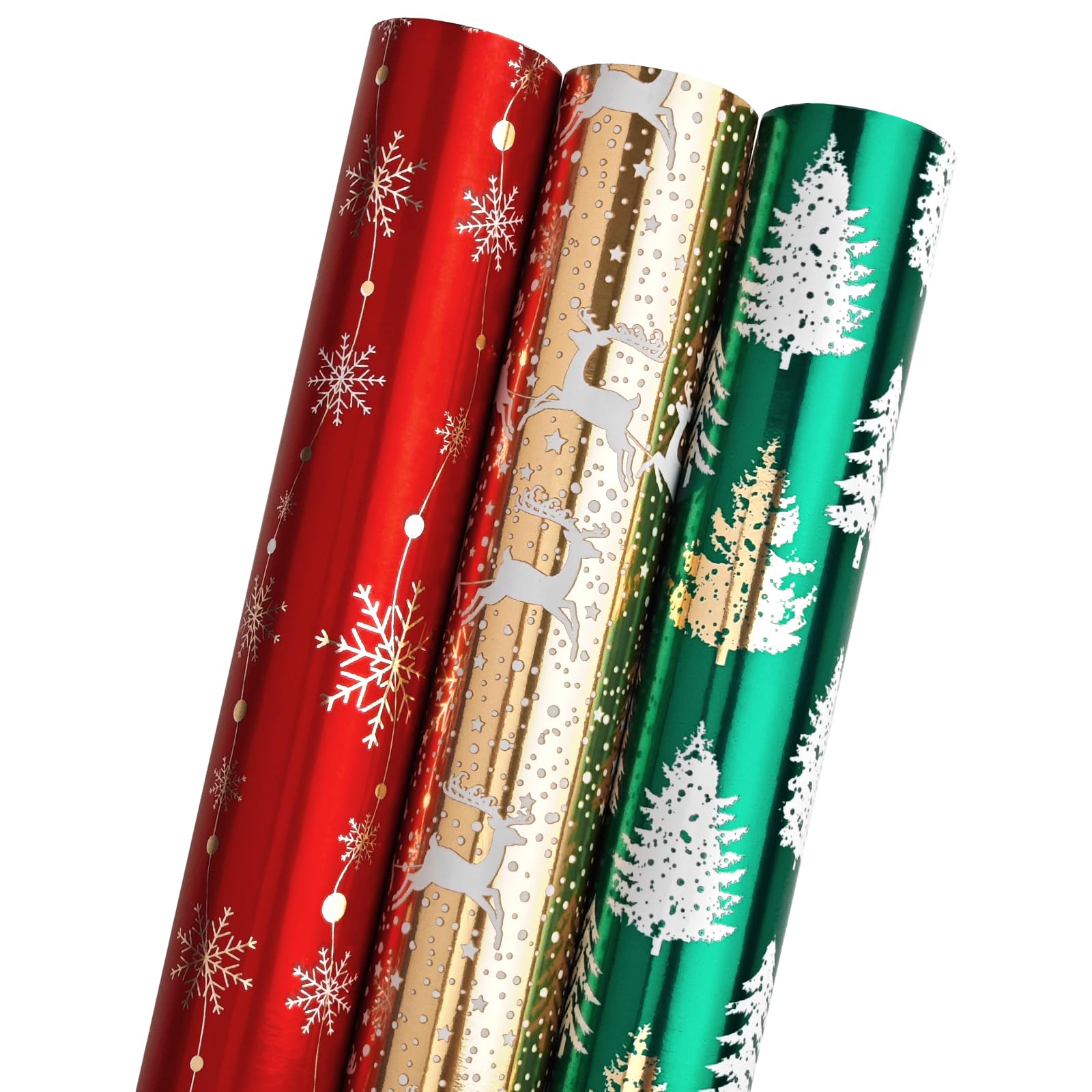Mini Short Small Christmas Wrapping Paper Roll with Cut Lines on Reverse (17" X 120" Per Roll) - Red Green Gold Gift Wrap with Deer&Snowflake&Tree Design for Holiday, Birthday,Wedding