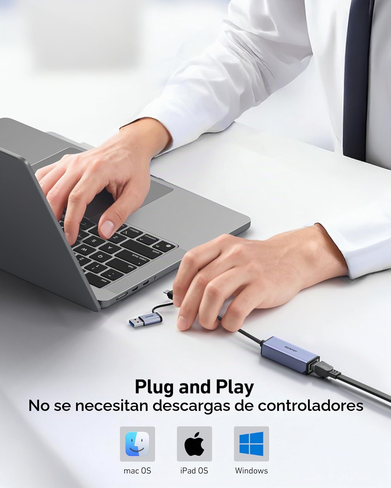 BENFEI Adaptador USB 3.0 a Ethernet RJ45 10/100/1000 Gigabit Ethernet LAN Compatible con MacBook, Surface Pro, PC portátil con Windows7/8/10, XP, Vista, Mac[Caja de Aluminio y Cable de Nailon]