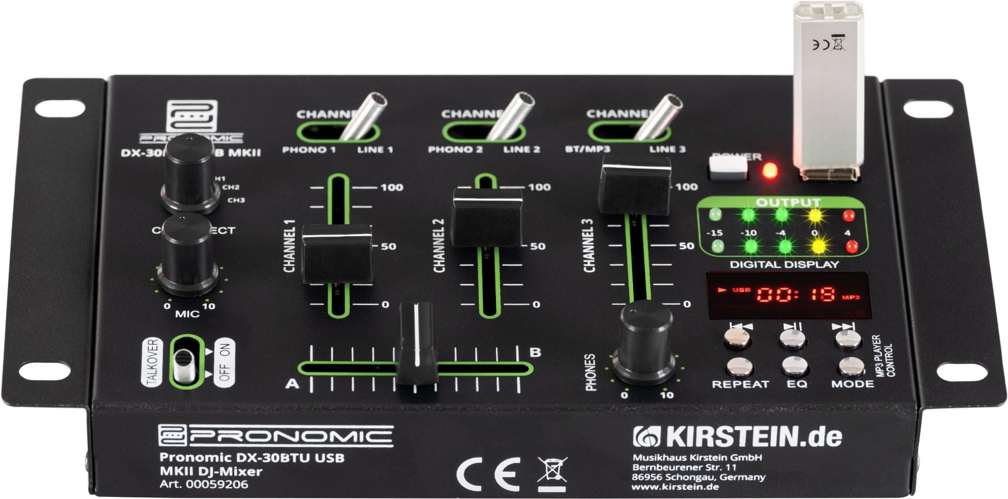 Pronomic DX-30BTU USB MKII DJ-Mixer con Bluetooth, Función Cue, 3 mm | Mezclador DJ de 3 canales, Interfaz Bluetooth integrada, Ultraglide faders súper suaves de 45 mm, Construcción robusta, 3 mm