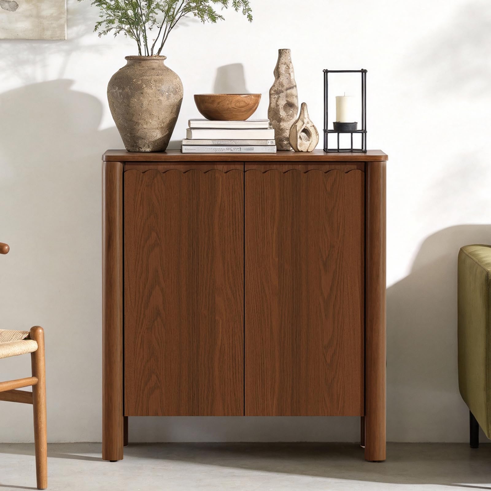 - Buffet Cabinet with Storage, Accent Sideboard Cabinet with Adjustable Shelves, Solid Wood Freestanding Storage Cabinet for Living Room Dining Room Entry Kitchen, Walnut