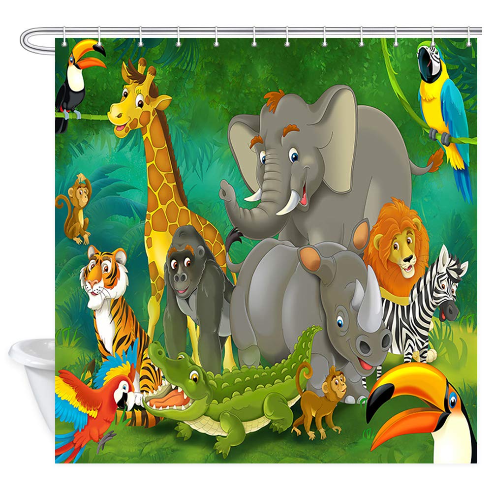 NYMB Safari Wild Animal for Kids Shower Curtains, Cartoon Elephants and Giraffes Family in Forest, Polyester Fabric Kids Zoo Bath Curtains for