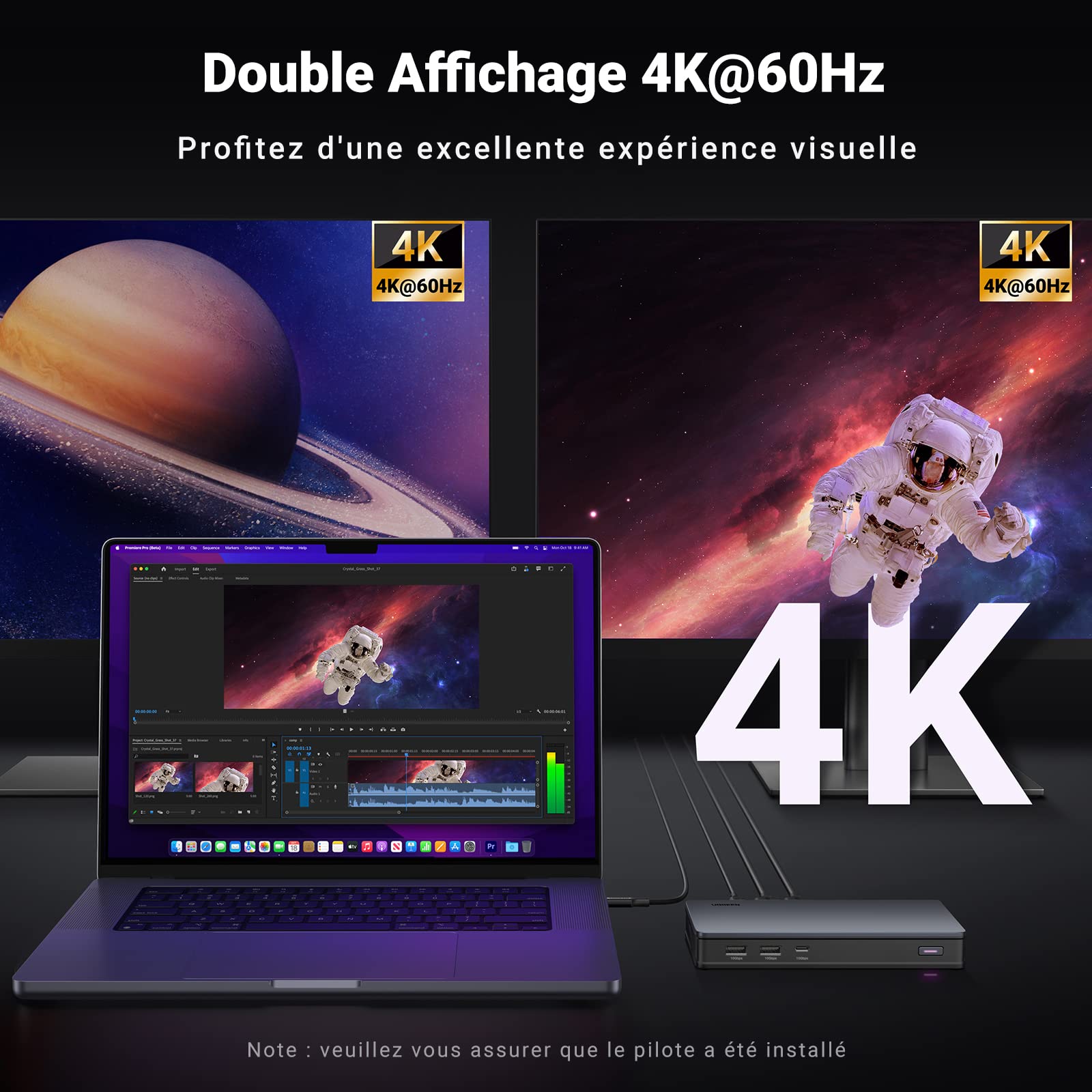 UGREEN Revodok Pro 209 Docking Station USB C DisplayLink Dual HDMI et DisplayPort 4K60Hz Double Affichage Différent pour MacOS 9 en 1 Station Accueil Multiports USB 10Gbps PD 100W Ethernet Gigabit