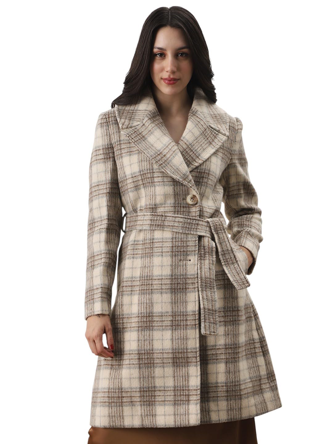 Women Melange Mock Neck Long Sleeves Self Design Winter Wear Overcoat with Belt-image-27