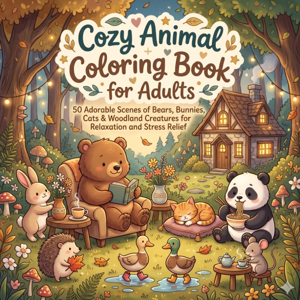 Cozy Animal Coloring Book for Adults: 50 Adorable Scenes of Bears, Bunnies, Cats & Woodland Creatures for Relaxation and Stress Relief (Animals & Cute)