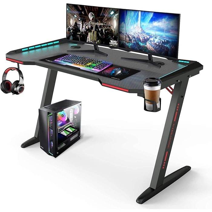 Buy Gaming Desk Z Shaped Large PC Computer Gaming Desks Tables with RGB LED Lights With cup
