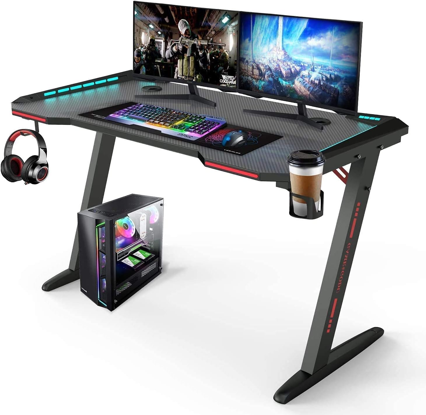 Gaming Desk Z Shaped Large PC Computer Gaming Desks Tables with RGB LED Lights With cup holder and headset hook for E-Sport Racing Gamer Pro Home Office Gift model Z8