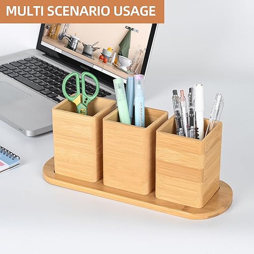Miniatura 8 de GEHE Silverware Caddy for Countertop, Natural Bamboo Utensil Caddy for Parties, Utensil Holder with 3 Compartment, Silverware Organizer Storage