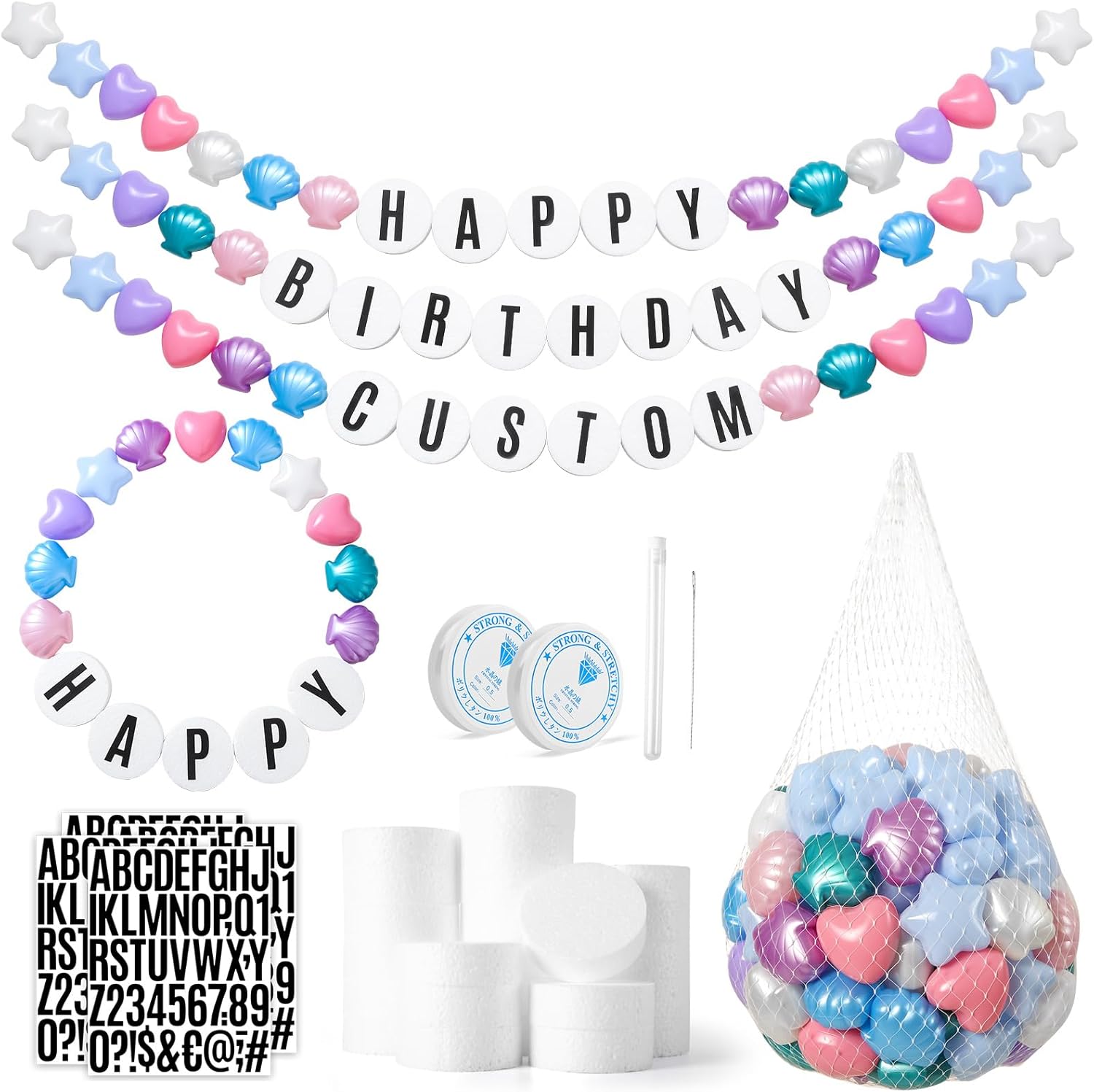 DIY Giant Friendship Bracelet Garland Knit -Customizable Birthday Banner with Foam Circles & Star Shell Shaped Plastic Balls for Party (Pink Green Purple)