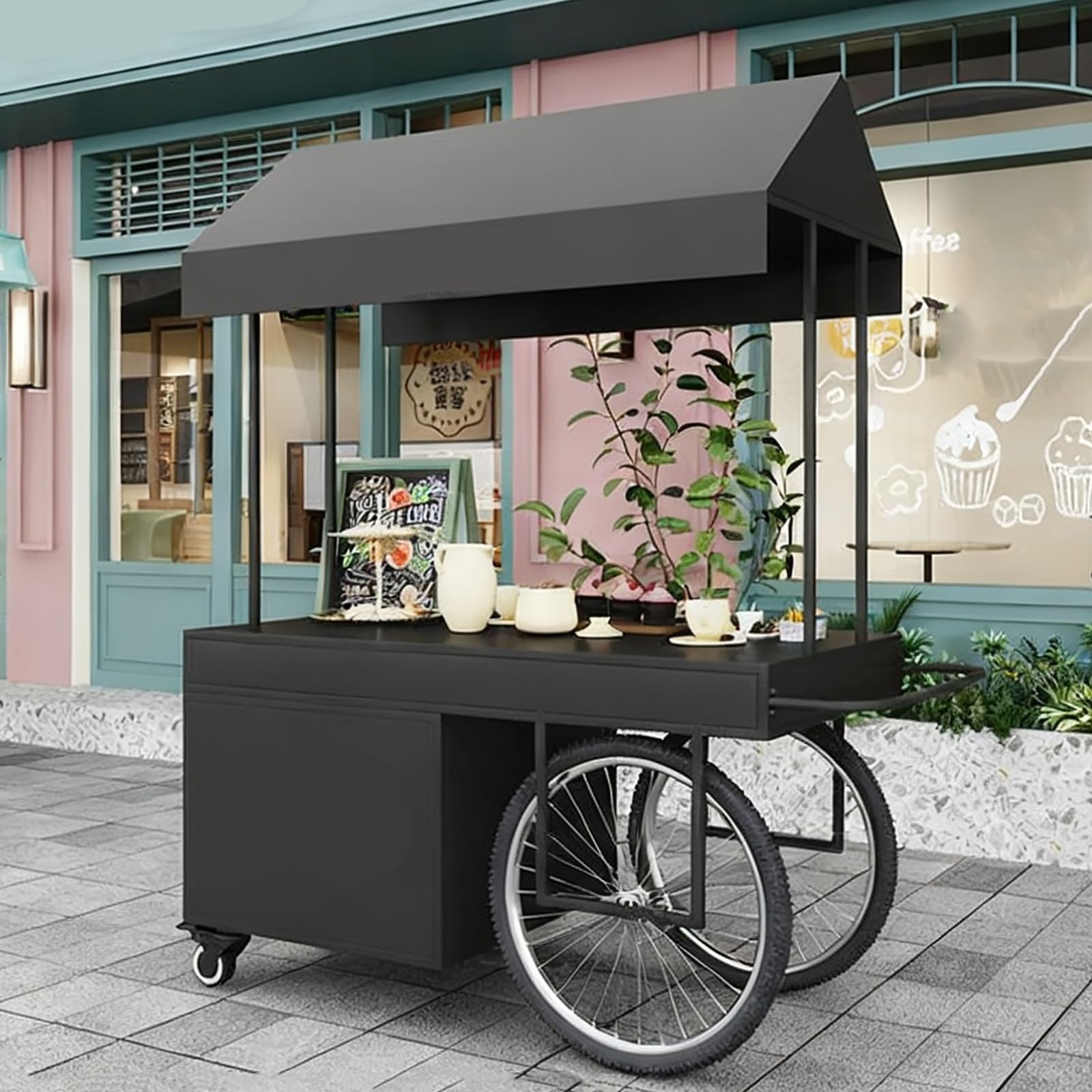 Tragbarer 2-stöckiger Lebensmittelverkaufswagen mit Sonnenschutzdach for Marktveranstaltungen im Freien(Black,120cm/47in)
