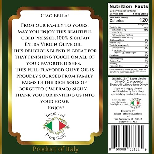 Miniatura 2 de Bella DiVincenzo Aceite de oliva virgen extra prensado en frío 100 auténtico siciliano importado de Sicilia 169fl oz 1690 floz