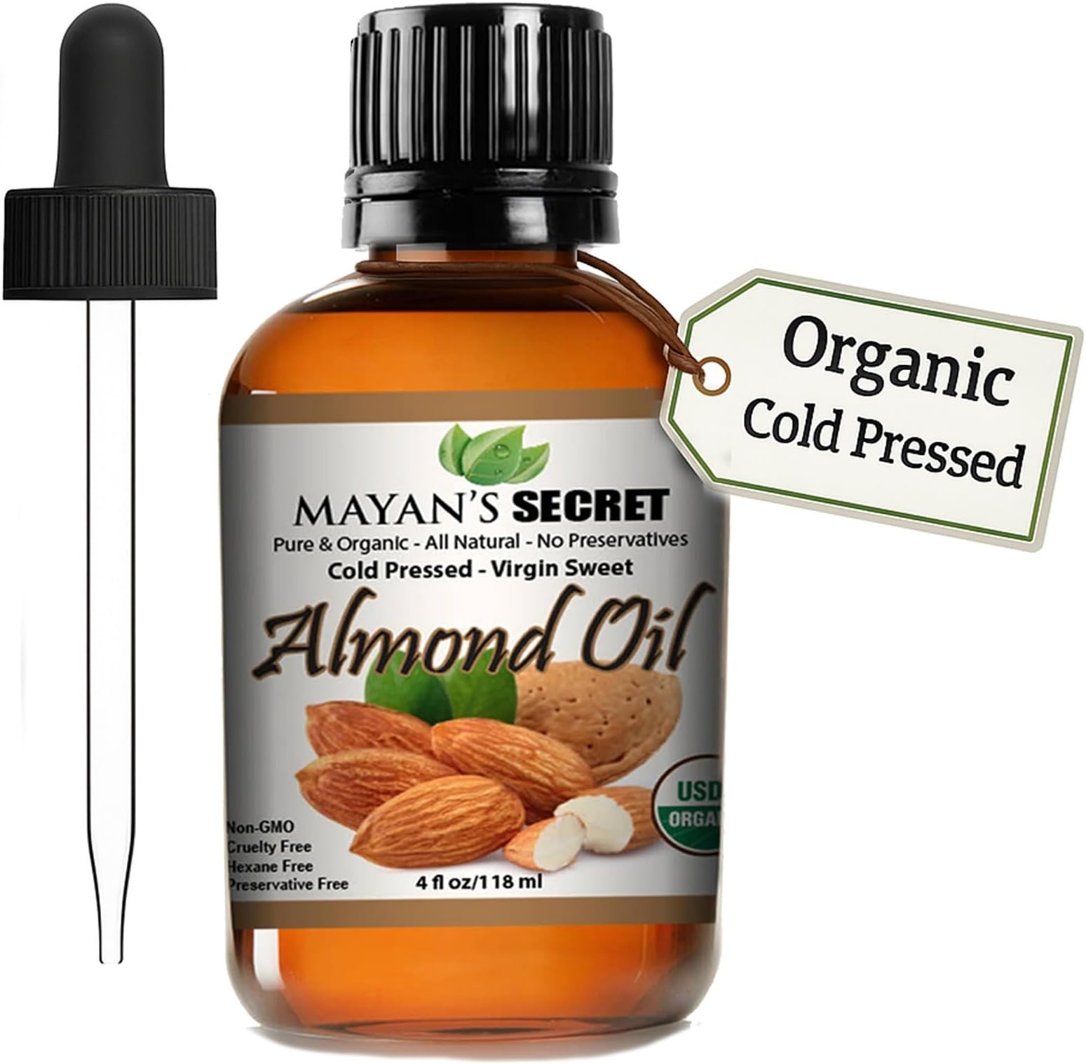100% Organic Sweet Almond Oil for Skin Hair, Face - Cold Pressed Pure Almond Essential Oil (4 fl. oz.)
