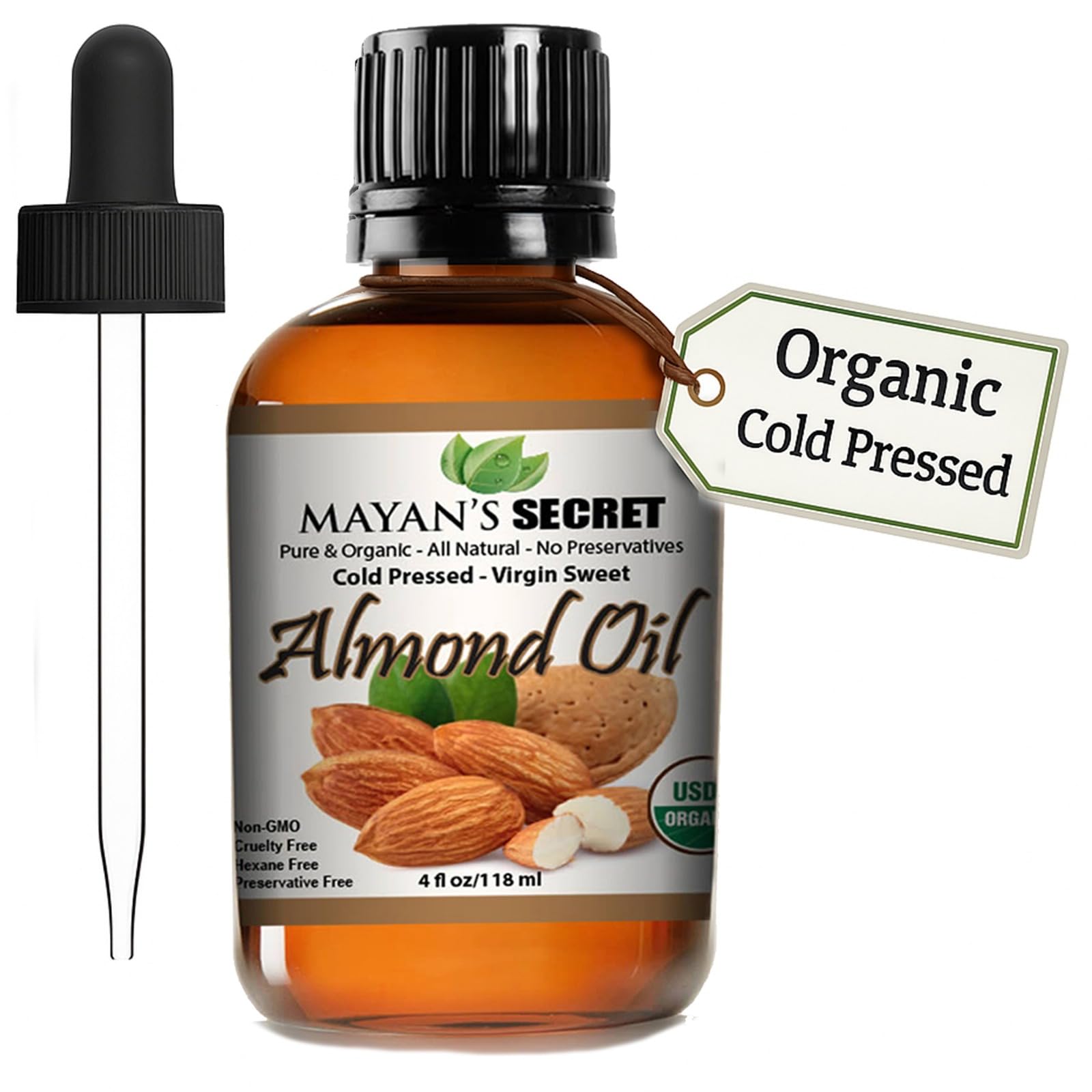 Mayan's Secret - 100% Organic Sweet Almond Oil for Skin Hair, Face - Cold Pressed Pure Almond Essential Oil (4 fl. oz.)