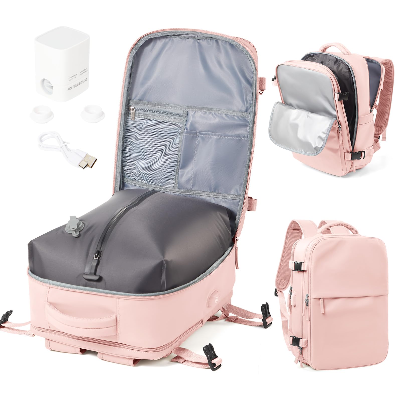 Zaino Sottovuoto Viaggio Ryanair 40x30x20 Zaino da Viaggio Aereo Bagaglio a Mano con Sottovuoto Zaini Easyjet 45x36x20 Vacuum Backpack con Porta Scarpe(Rosa)