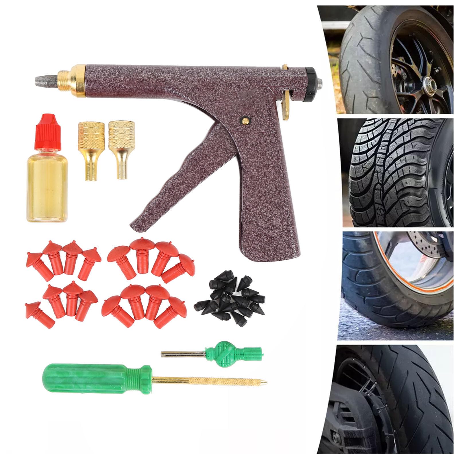 Kit de Herramientas de Reparación de Neumáticos, Taponador de Neumáticos sin Cámara para Motocicleta, Coche, ATV, con 32 Tapones de Goma, para Reparación de Pinchazos de