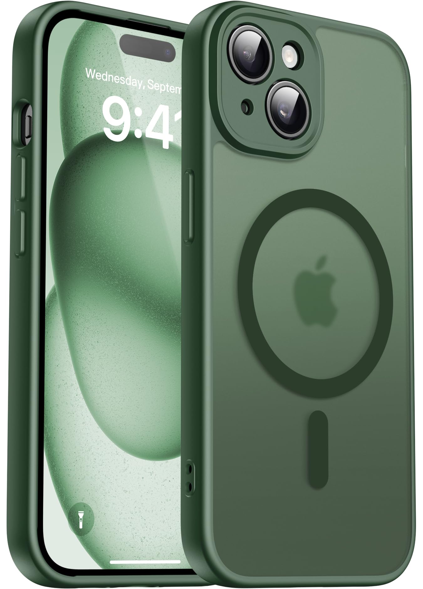 Natiiozie Magnetisch Kompatibel mit iPhone 15 Hülle Kompatibel mit MagSafe, Kameraschutz FallSchutz Handyhülle, Stoßfest Kratzfest Schutzhülle Transluzente Matt Rückseite 6.1 Zoll Case Dunkelgrün