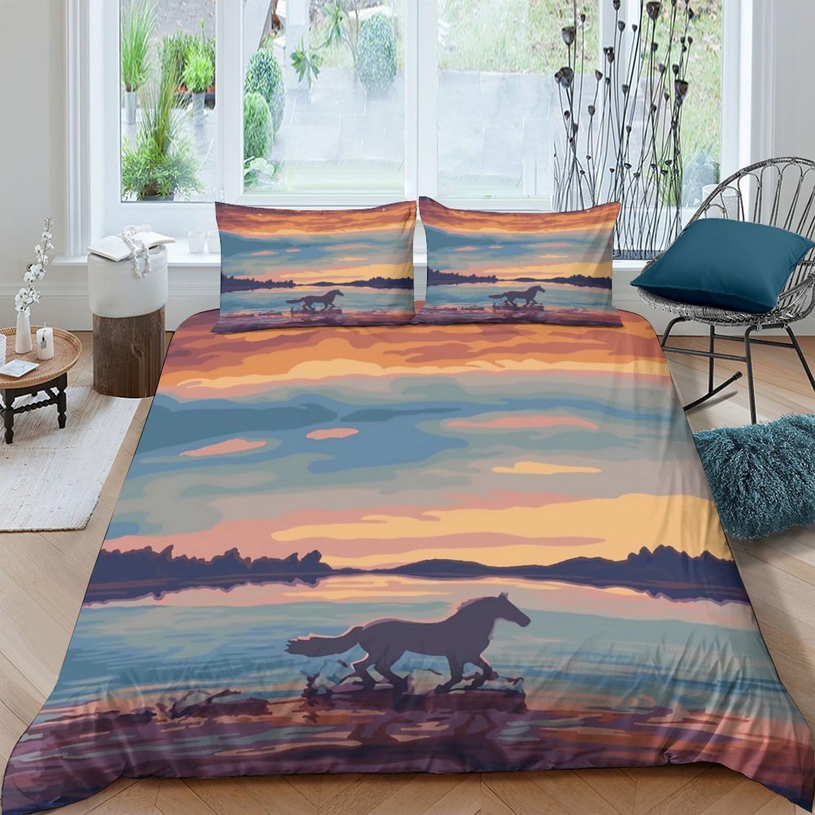 Ctjqhvkz Style-2 3D Printed Sunset Horse Fitted Sheet Microfiber Soft Breathable Lake Landscape Mattress Cover For Bedroom Decor Single（135X200cm）