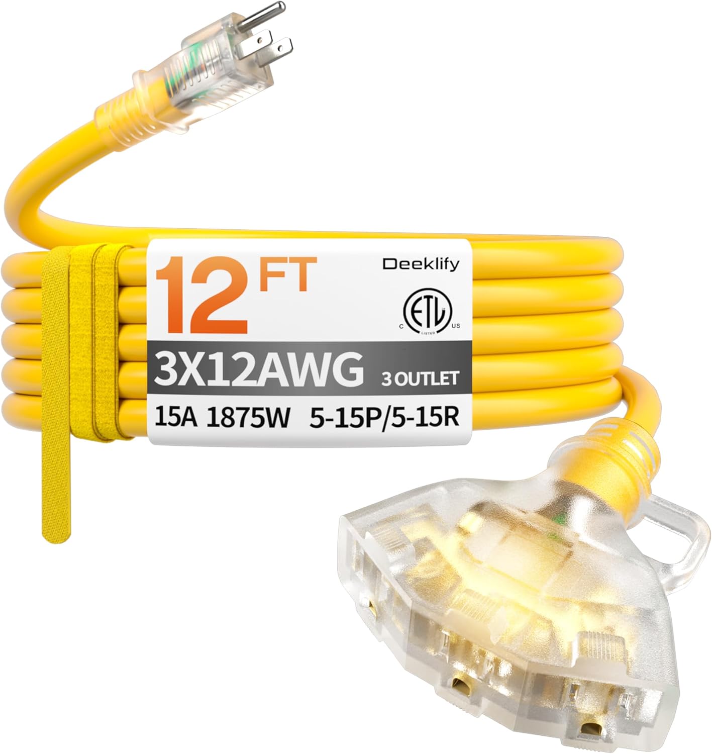12 ft 12 Gauge Heavy Duty 3 Outlet Extension Cord Splitter with Indicator, Waterproof Outdoor Extension Cord with Multiple Outlets, 15A 1875W for Garden, ETL Listed, Flexible Yellow SJTW