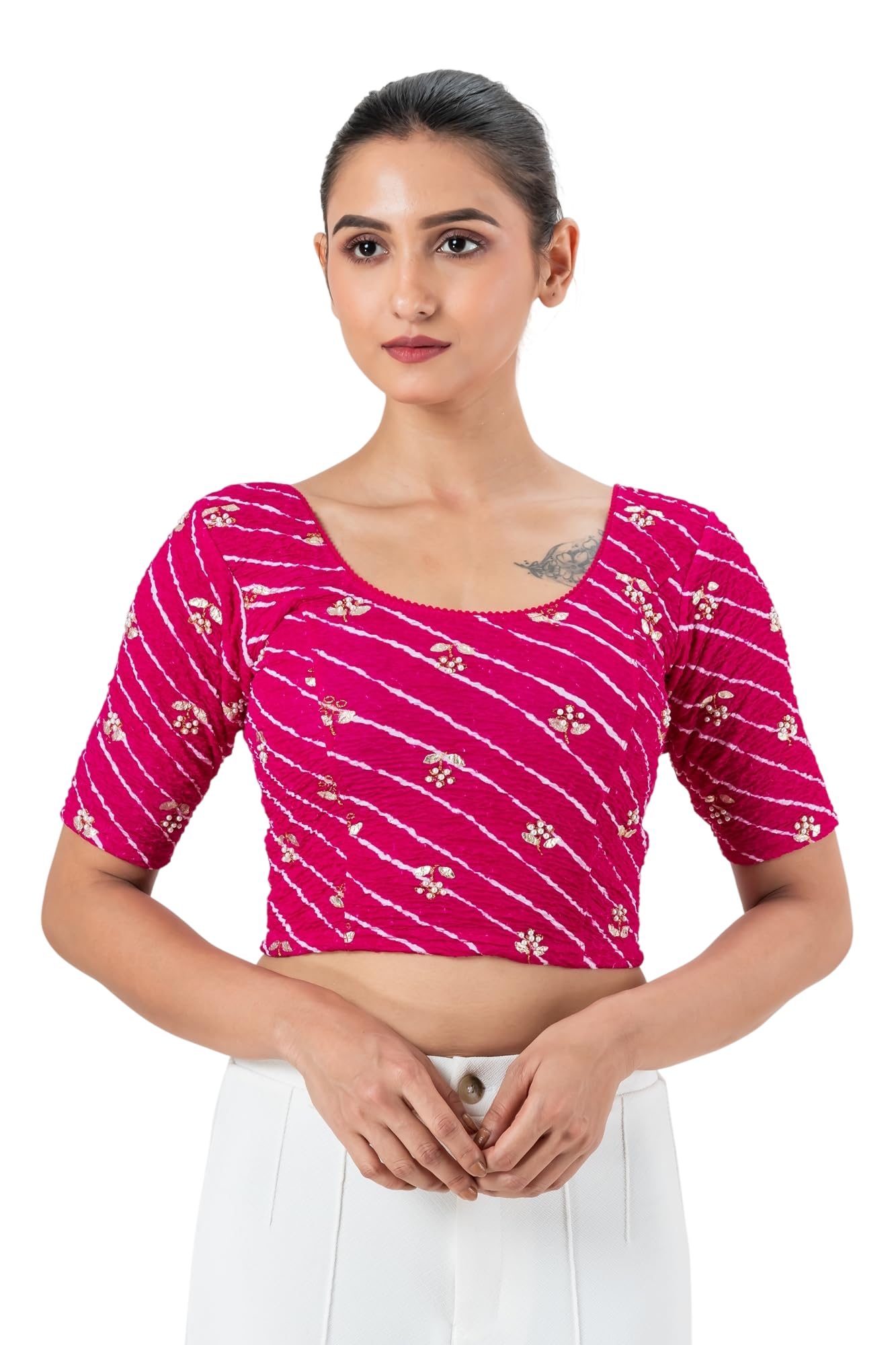 aangi Women's Gotta Patti Moti Work Blouse for Saree | Crush Lycra Stretchable Readymade Blouse | Half Sleeve Round Neck Ethnic Saree Blouse-picture-16