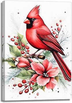 KPLUNDO Bird Canvas Wall Art Snow Red Cardinal Pictures Prints Red Birds On Branch Painting Artwork Watercolor Berries Tree Art Poster For Office Home Living Room Bathroom DecorArtwork-1,20"x30"