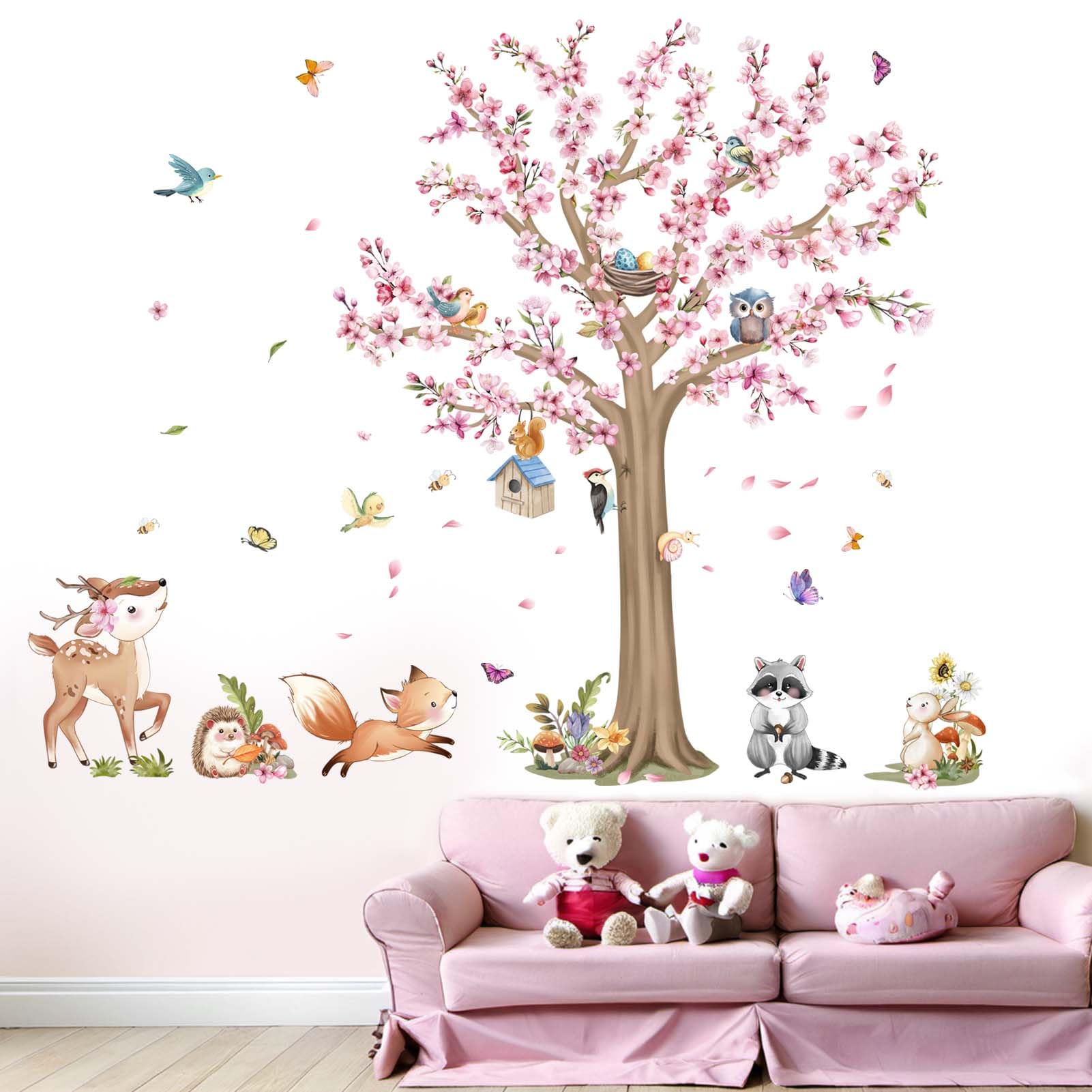 Jungle Animals Wall Decals for Girls: Peel and Stick Vinyl Deer Fox Hedgehog Wall Stickers for Baby Room Nursery Girl Bedroom