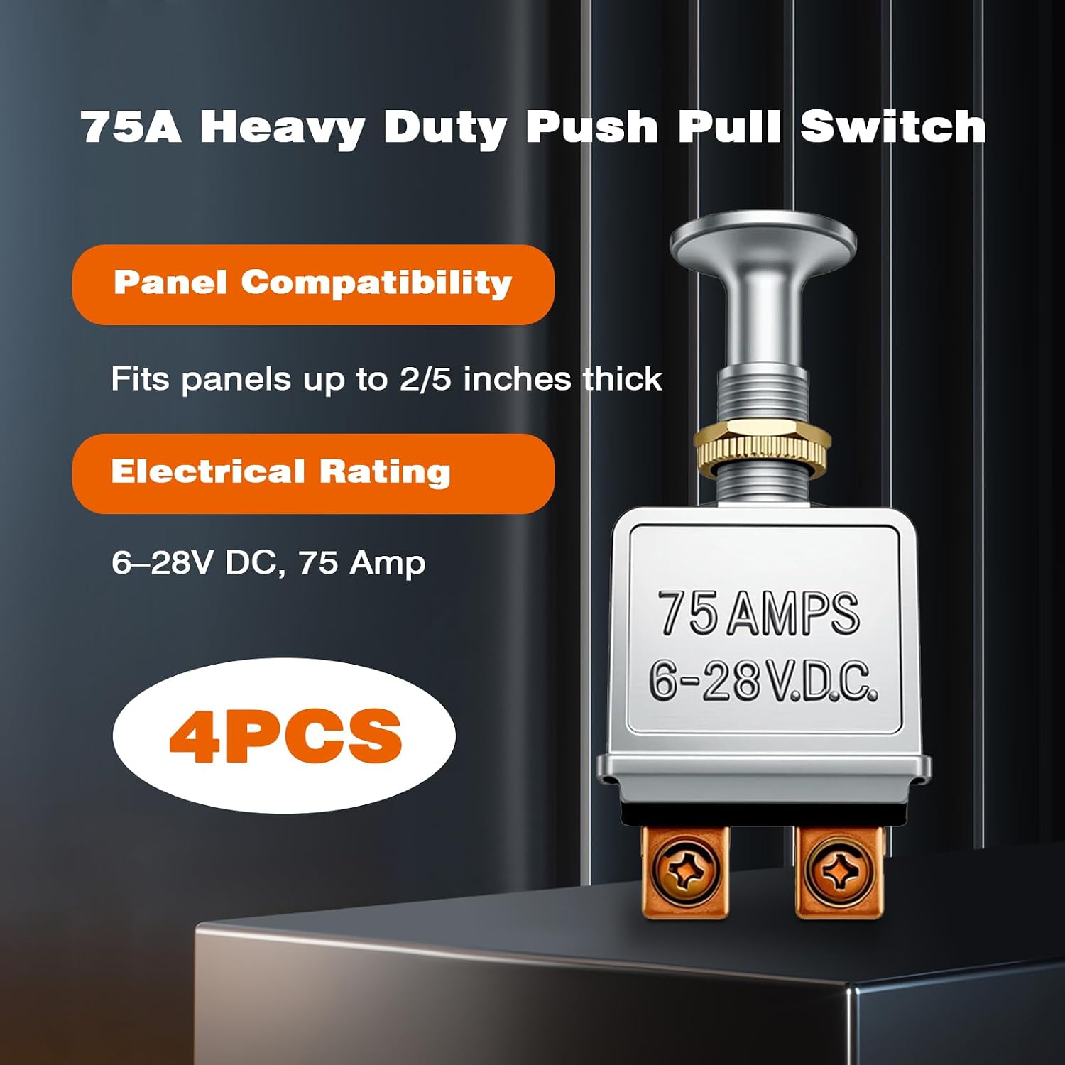 4Pcs Push Pull Switch 75 A Heavy Duty 6-28V DC SPST 2 Position On/Off Toggle with Chrome Knob for Automotive Trucks SUV RV Marine Headlight Turn Signal Control