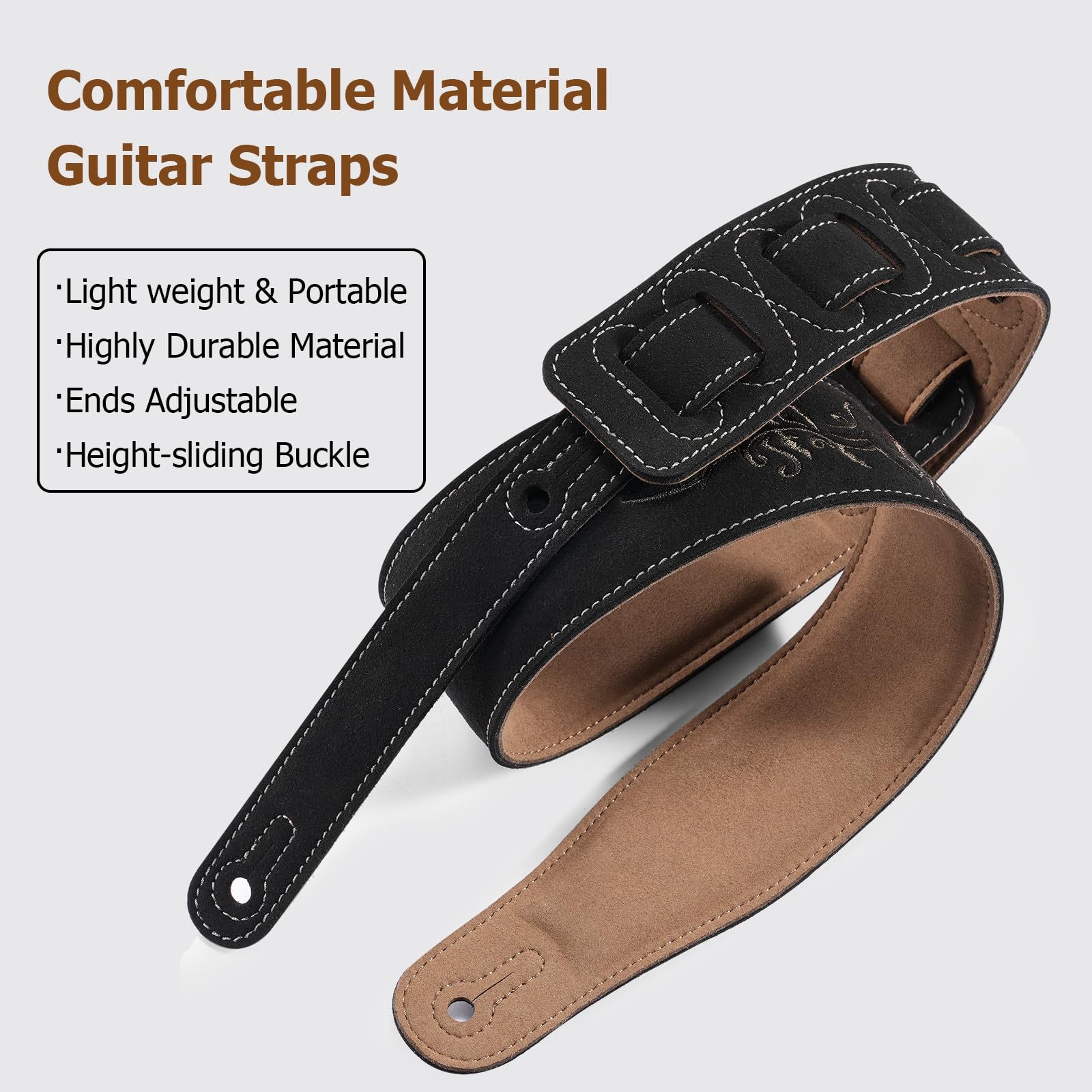 LEKATO Sangle Guitare en Daim pour Basse Guitare, 2.4 Pouces de Large Ceinture de Guitare Rembourrée, 35" à 51" Régelable pour Guitares Acoustiques Electriques Basses, Cadeau pour Hommes Femmes