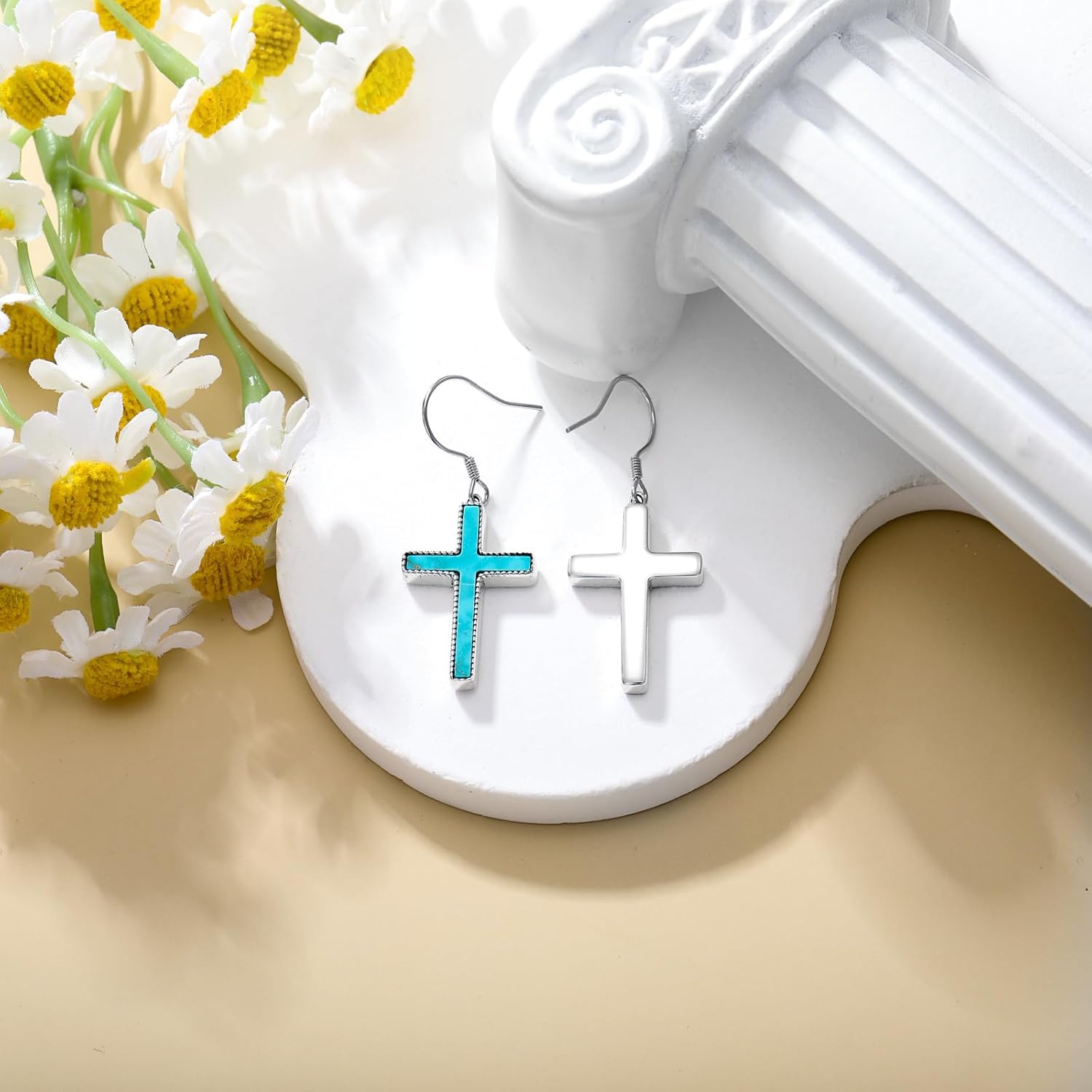 Turquoise Cross Earrings 925 Sterling Silver Genuine Blue Turquoise Dangle Drop Earring Western Bohemian Jewelry Gift for Women